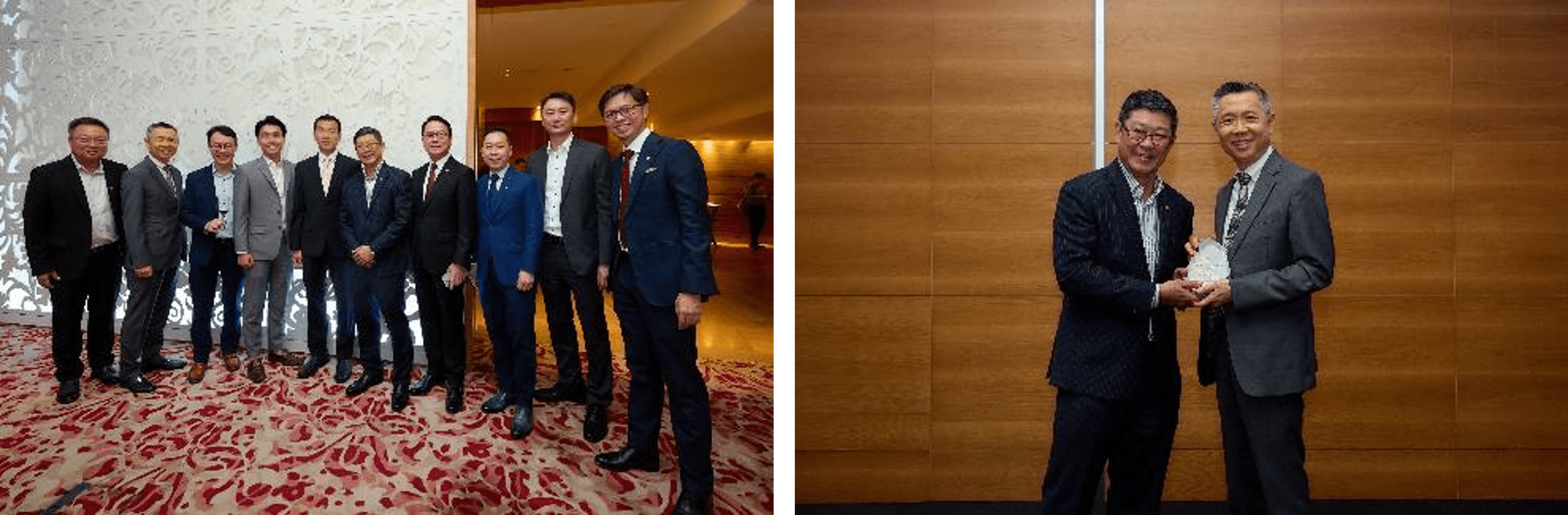 Two photos: left shows nine men in suits posing together; right shows two men in suits holding a crystal award.