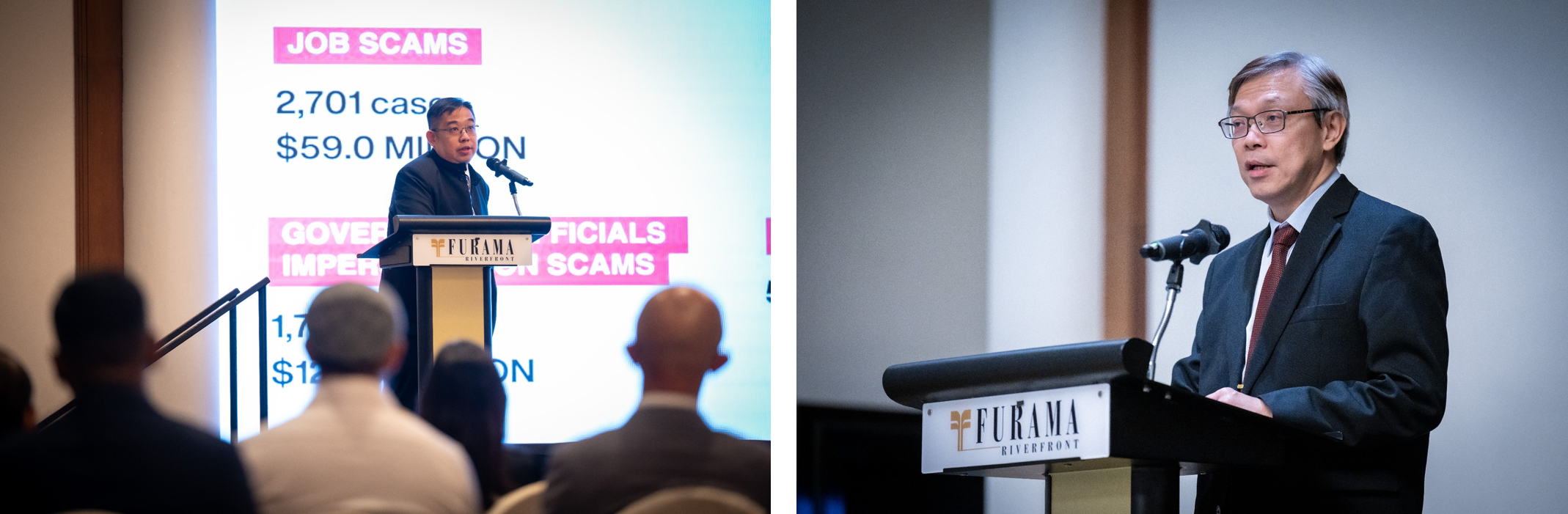 Two men speak at a Furama Riverfront podium; a slide behind one shows job scams statistics.