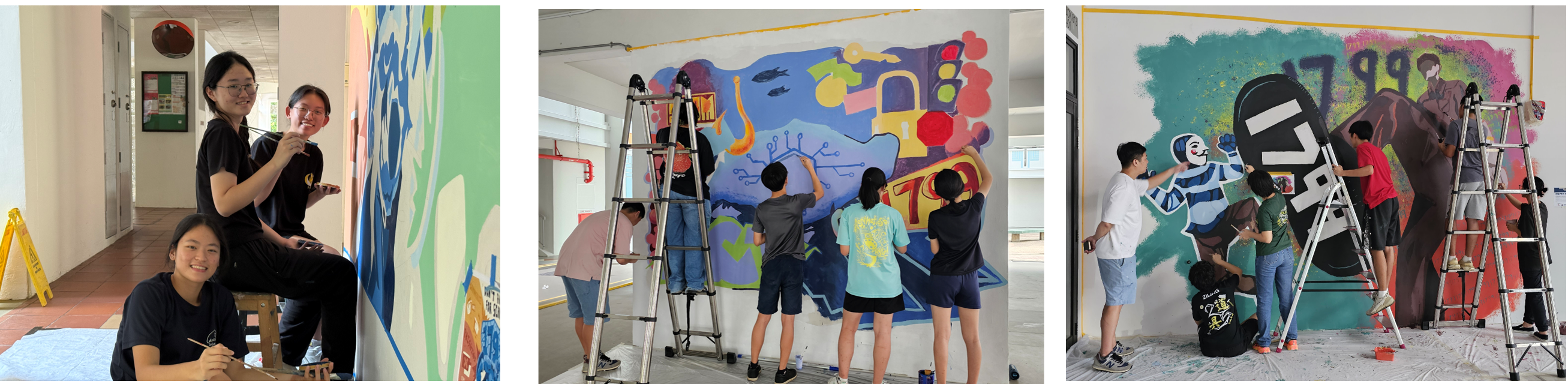 Students painting large colorful murals on walls, using ladders and brushes, shown in three side-by-side photos.