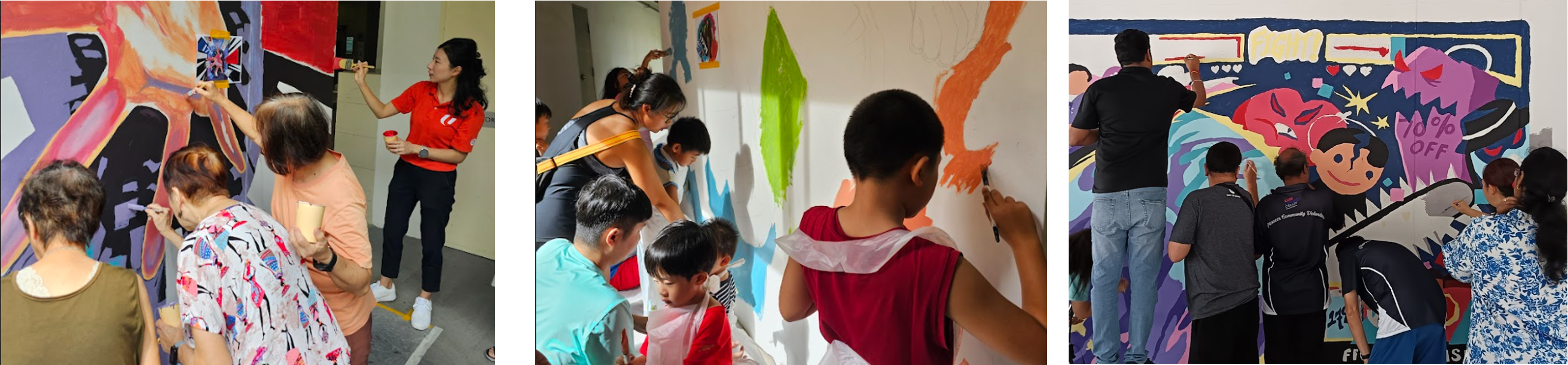 Groups of adults and children painting colorful murals on walls in three side-by-side photos.