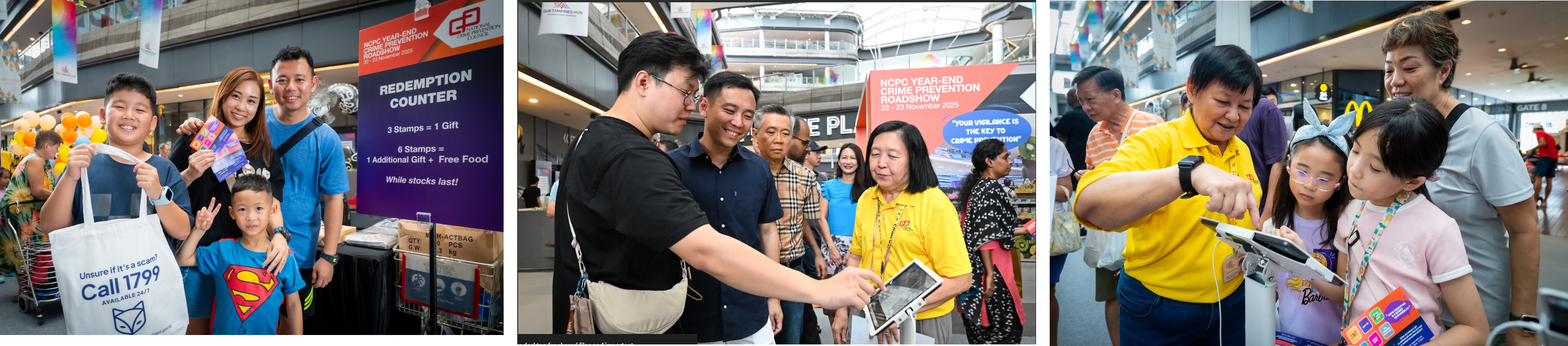 Three mall photos show families at an event booth with staff, banners, and kids holding flyers and a tote.