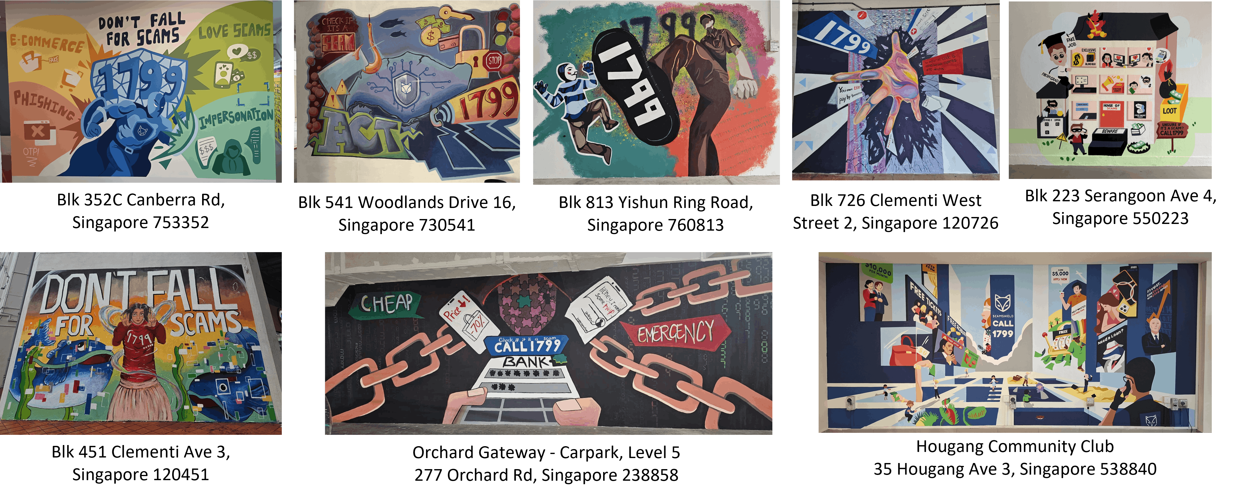 Eight anti-scam murals across Singapore locations, each featuring bold artwork with the number 1799 and warnings about scams.