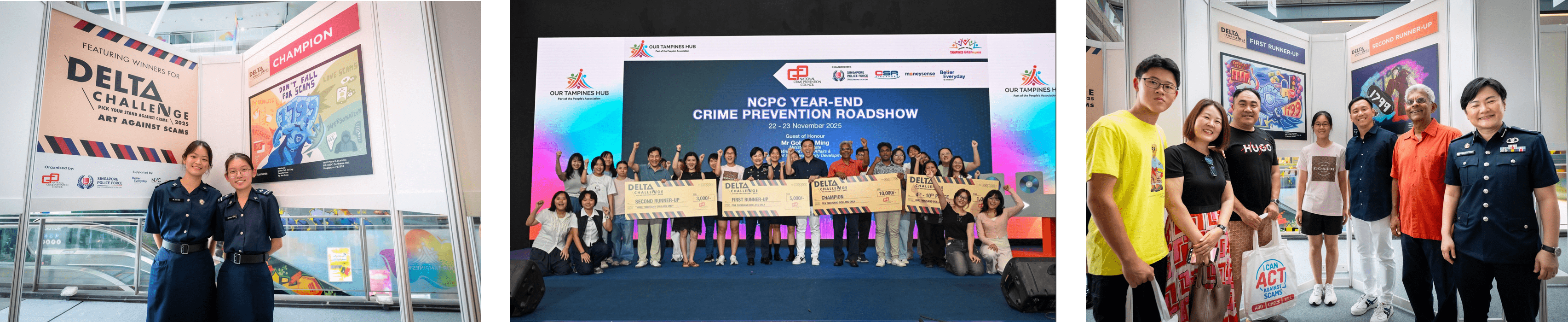 Three scenes from the NCPC Year-End Crime Prevention Roadshow featuring award winners posing with police officers and Delta Challenge banners.