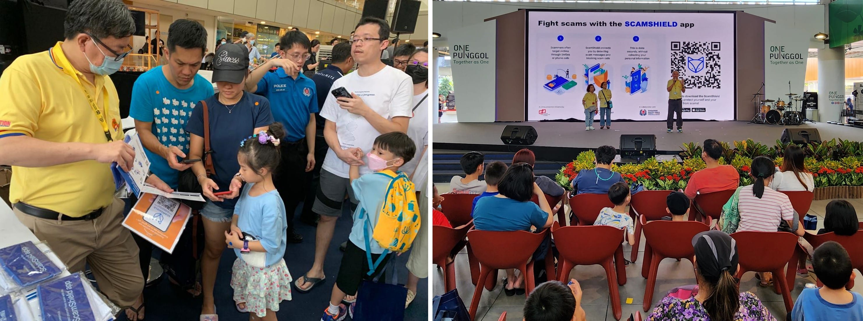 A public event at One Punggol with people at a booth and an audience watching a ScamShield app presentation on stage.