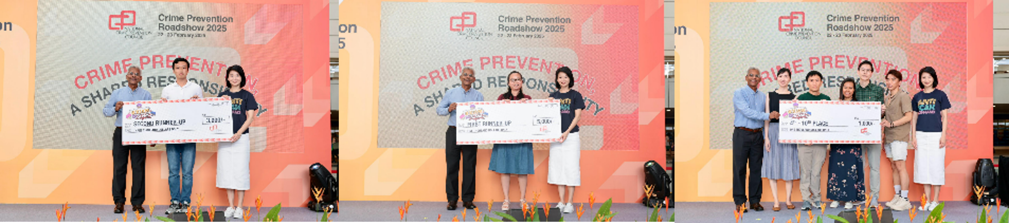 Three groups on stage holding large prize checks in front of a Crime Prevention Roadshow 2025 backdrop.