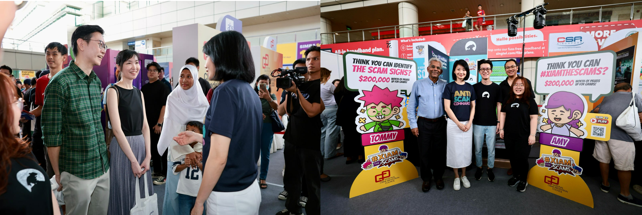 Four people pose beside anti-scam campaign cutouts at an outdoor event with colorful banners and a cameraman nearby.