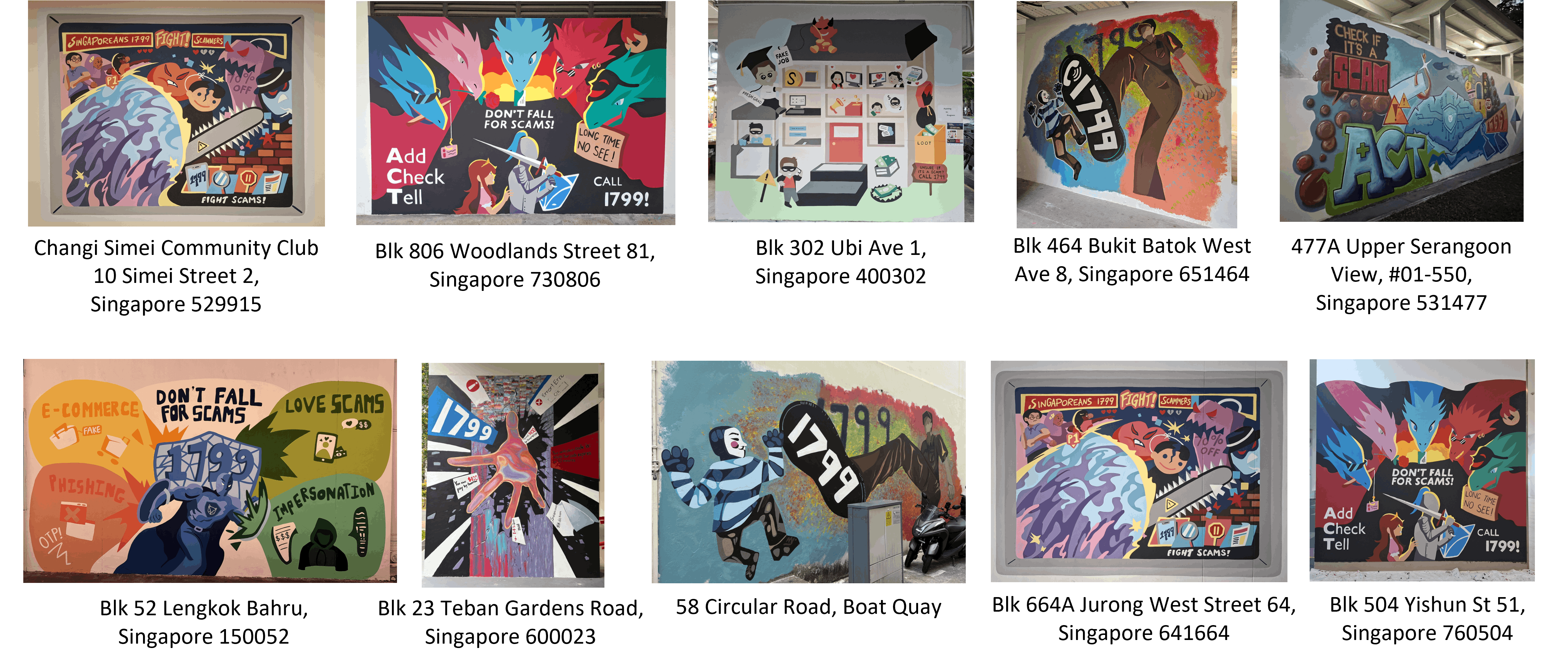 Ten colorful anti-scam murals at various Singapore locations, featuring bold text like "Don't Fall For Scams" and "1799."