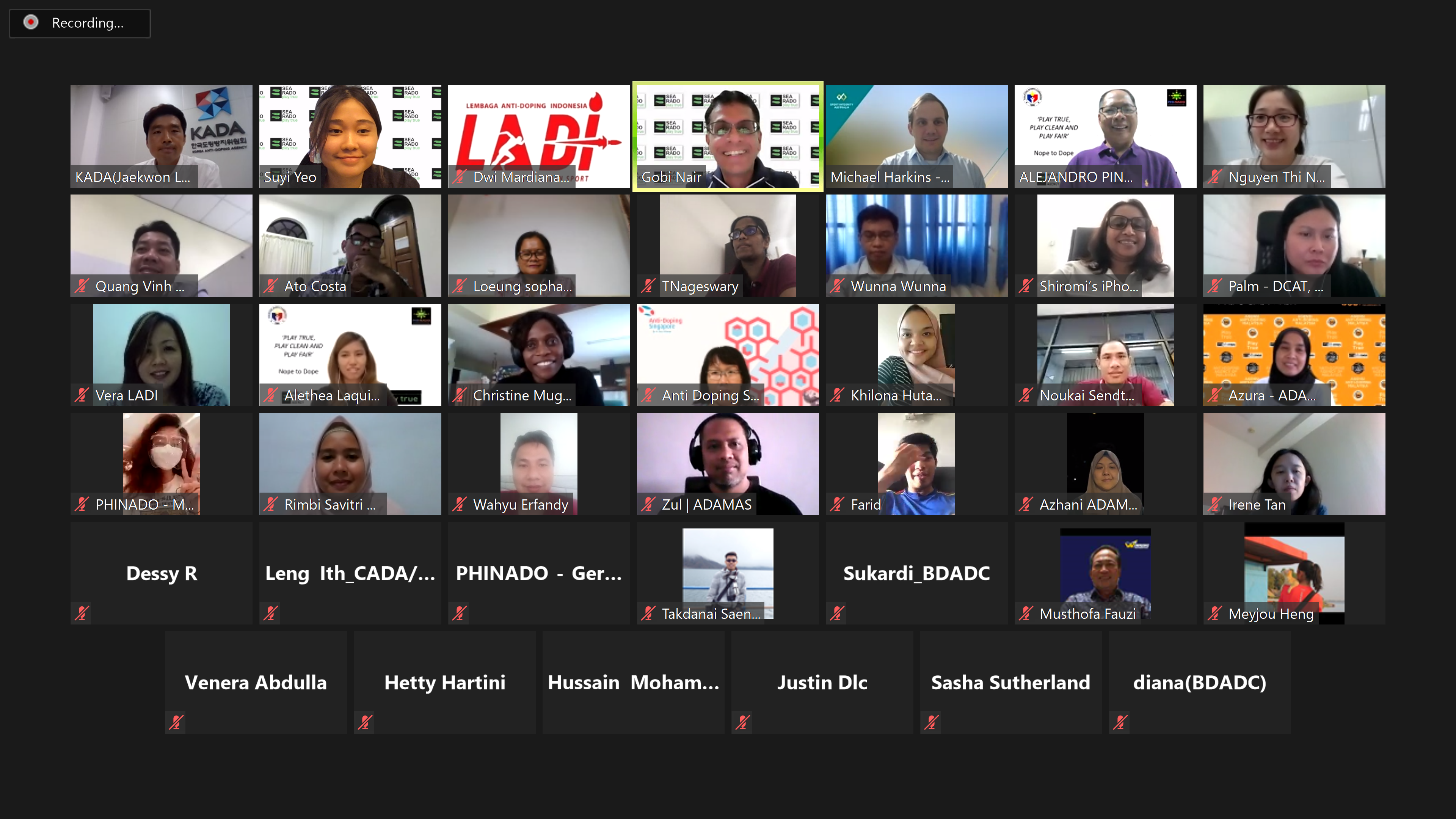 Video meeting grid with many participants, some on camera and many muted, “Recording…” shown at top.