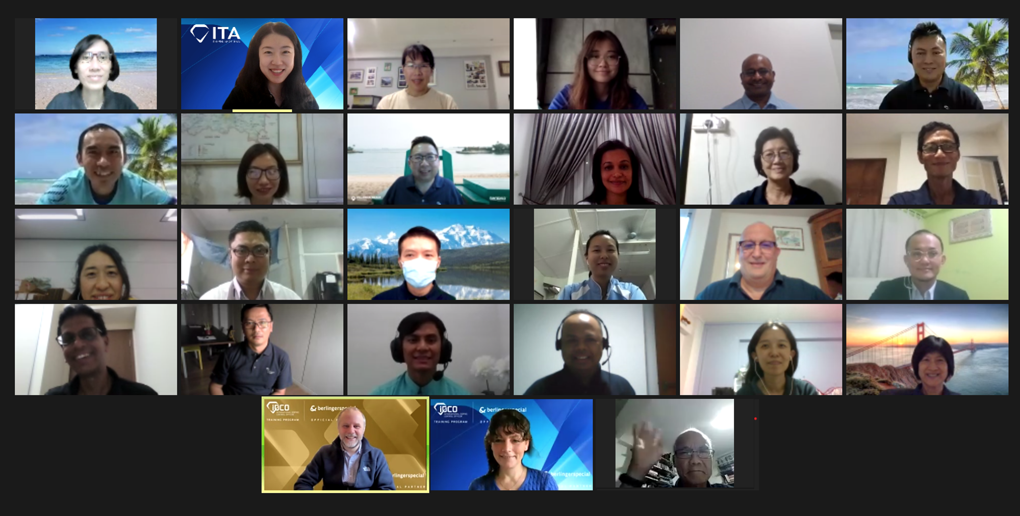 A video call grid showing about 25 participants with various virtual backgrounds, including an ITA logo tile.