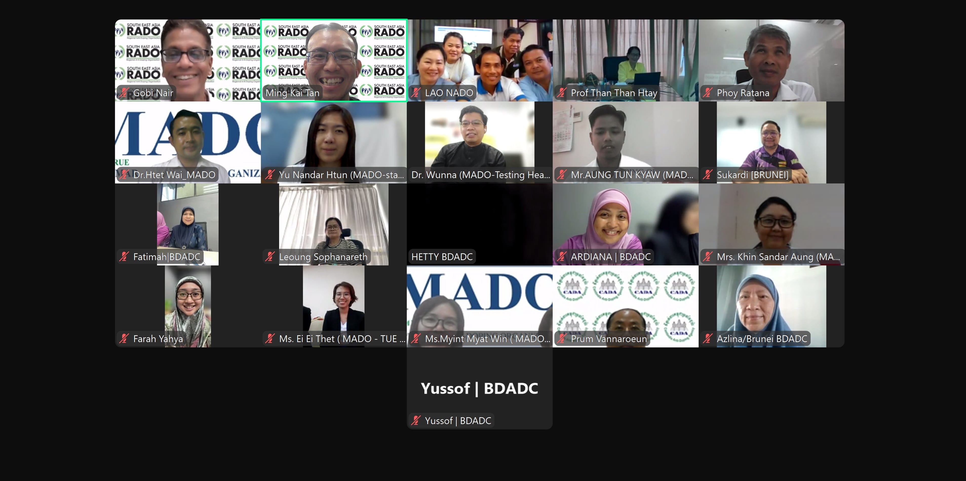 A video conference grid showing about 20 labeled participants from RADO, MADO, and BDADC organizations across Southeast Asia.