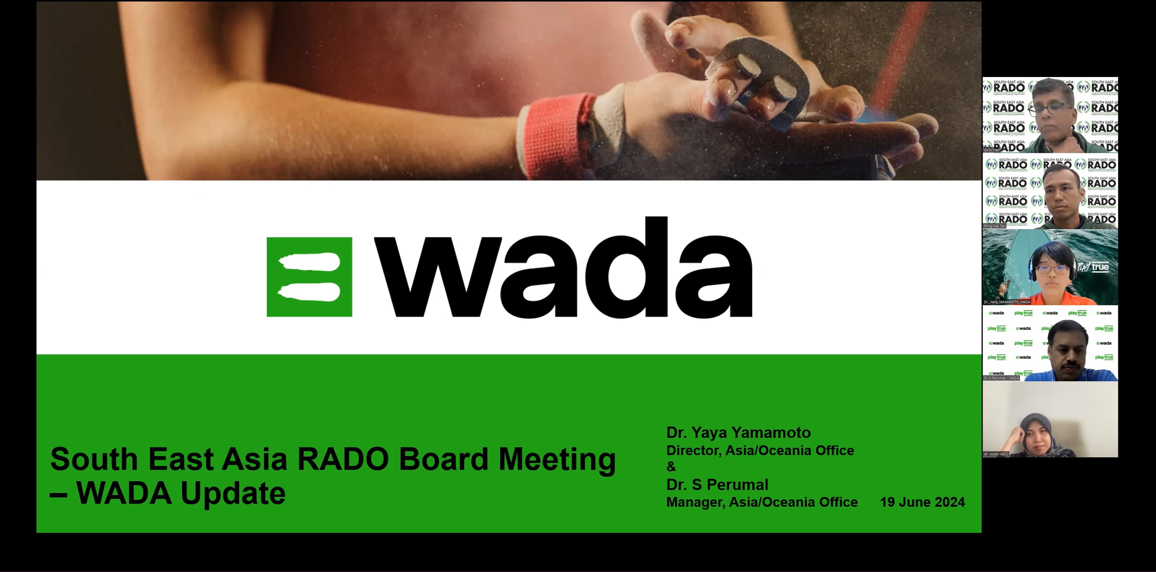 Slide with WADA logo, South East Asia RADO Board Meeting—WADA Update, and video call participants on right.