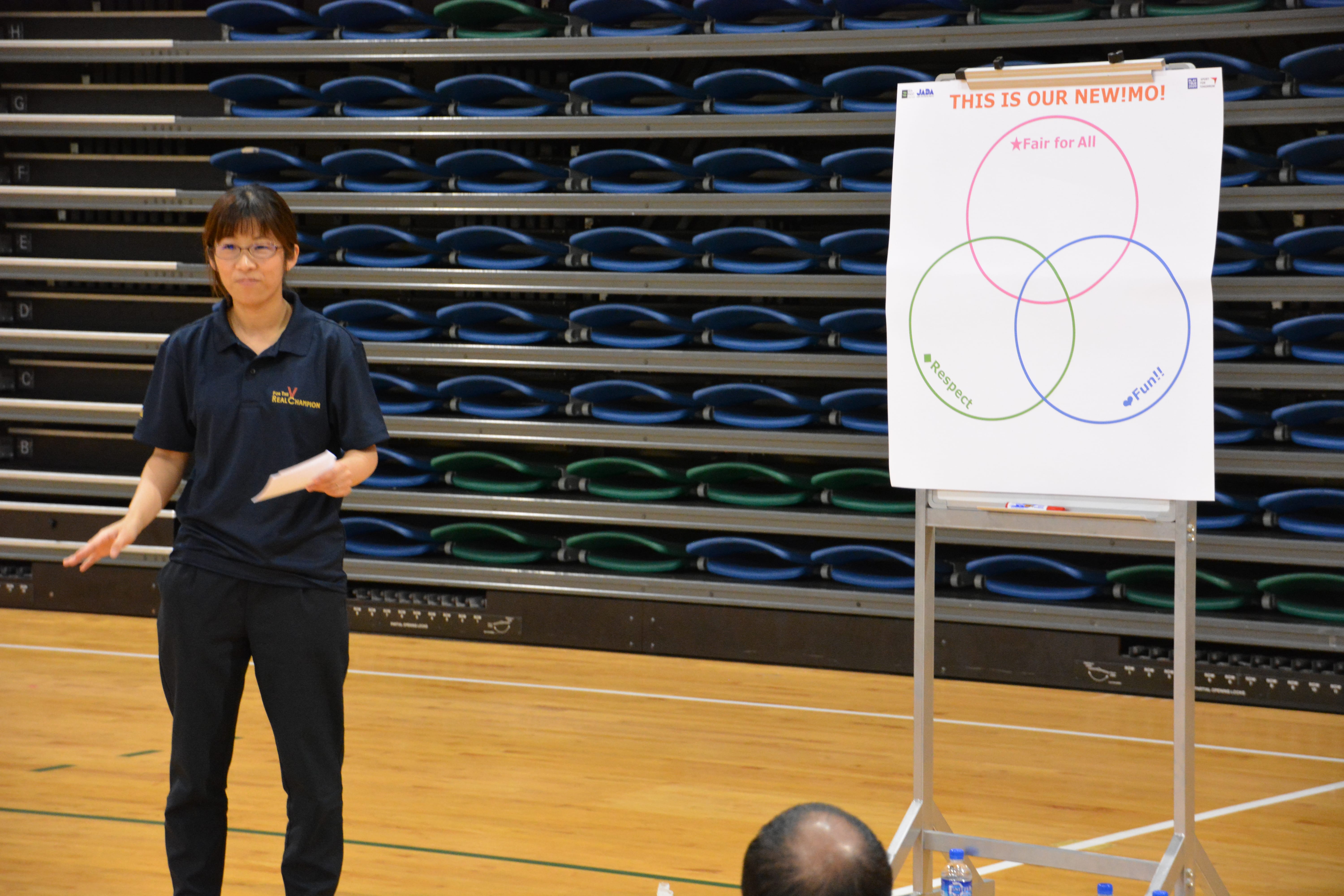 Person in gym holds paper beside flip chart with Venn diagram labeled Fair for All, Respect, Fun.