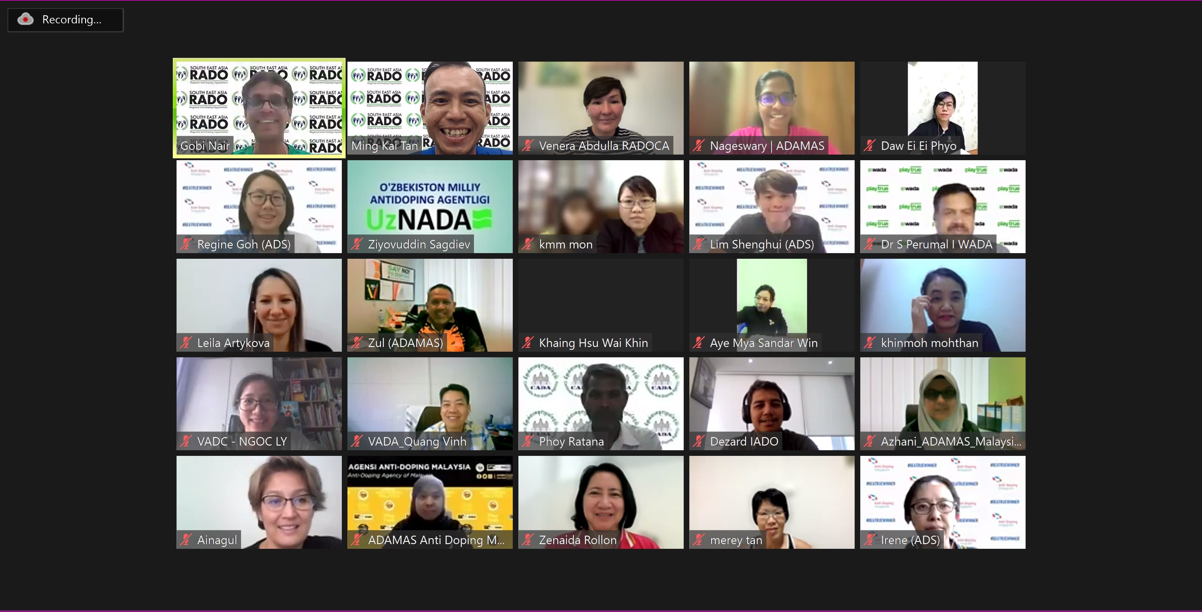 A virtual meeting screen showing 20 participants from various anti-doping organizations across Asia, each labeled with their names.