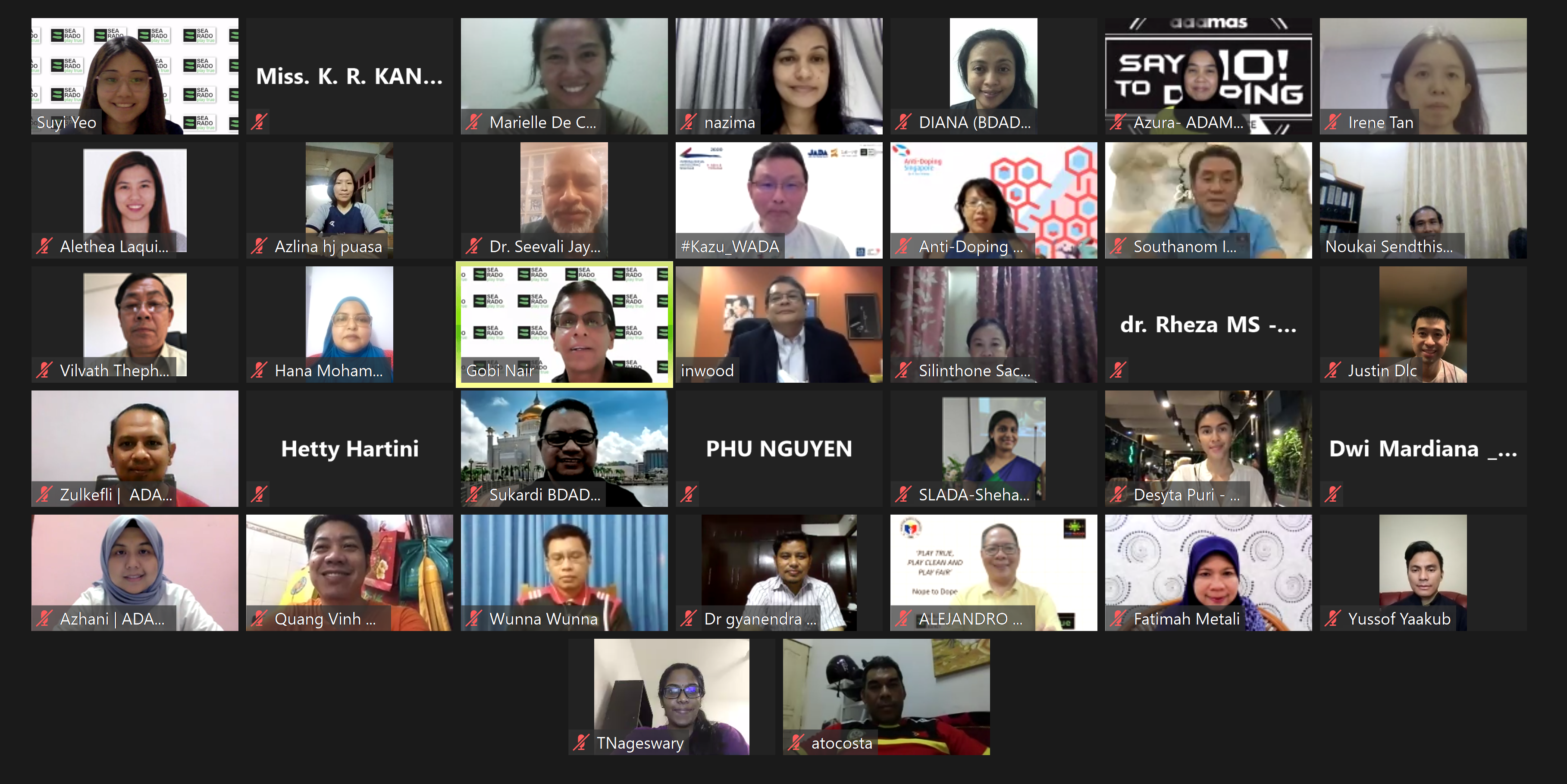 Grid of video call participants with many cameras off, muted icons, and name labels on each tile.