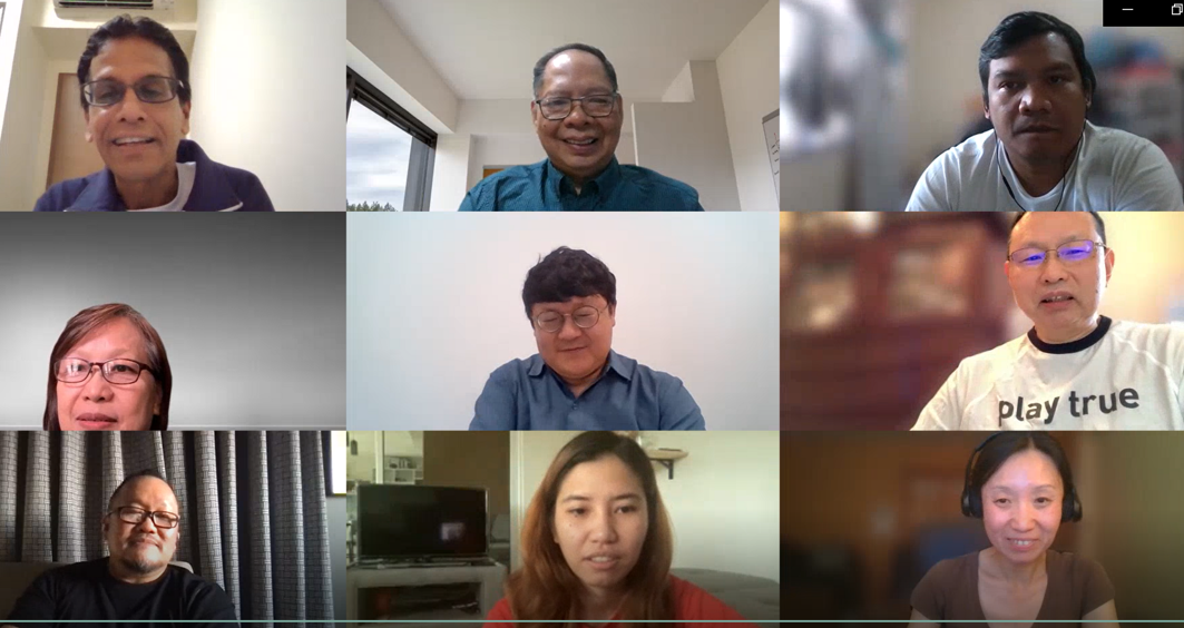 Nine people participating in a video call, shown in a 3x3 grid of individual webcam tiles.