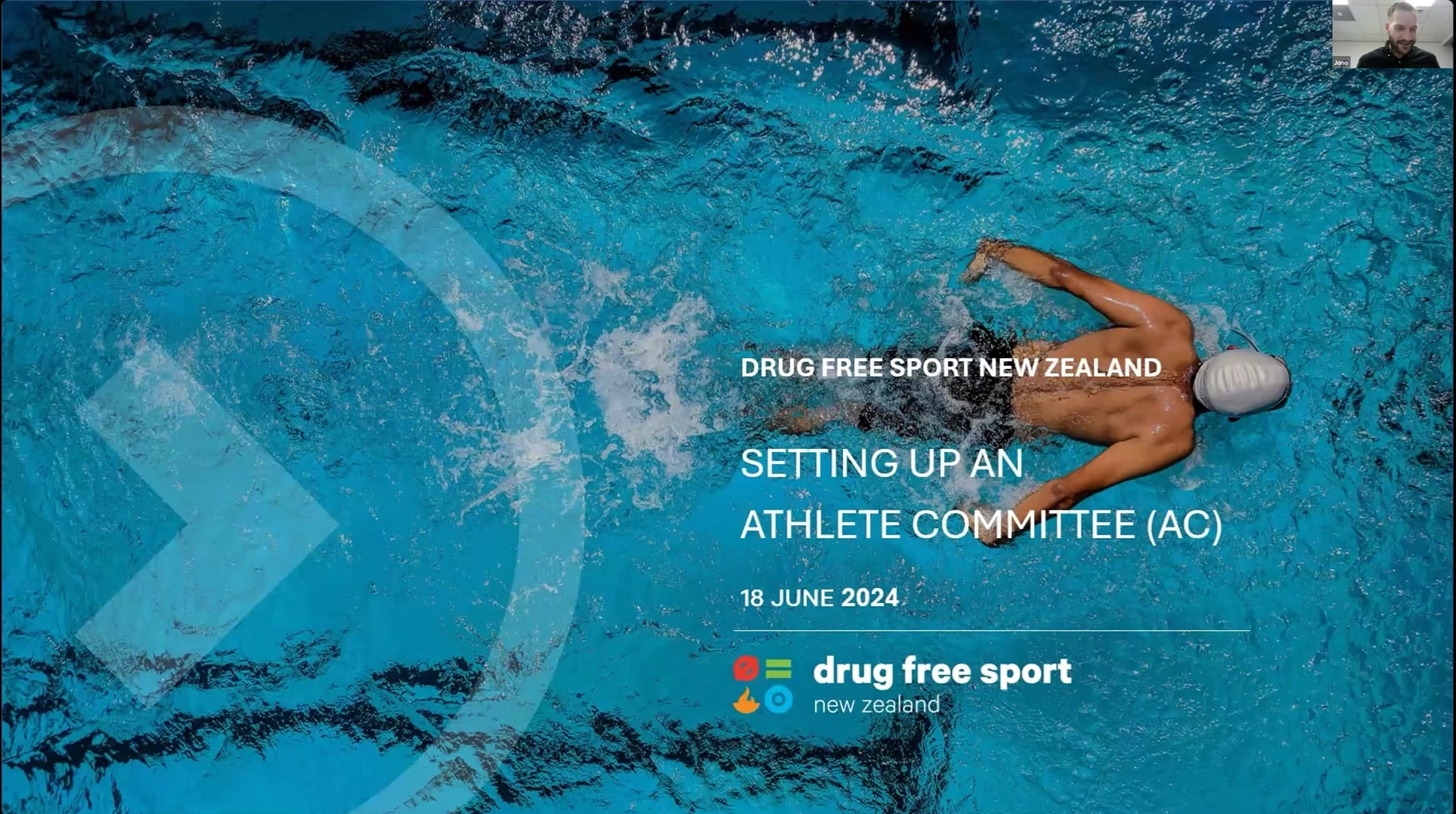 Swimmer in a pool beside text: Drug Free Sport New Zealand, Setting up an Athlete Committee, 18 June 2024.
