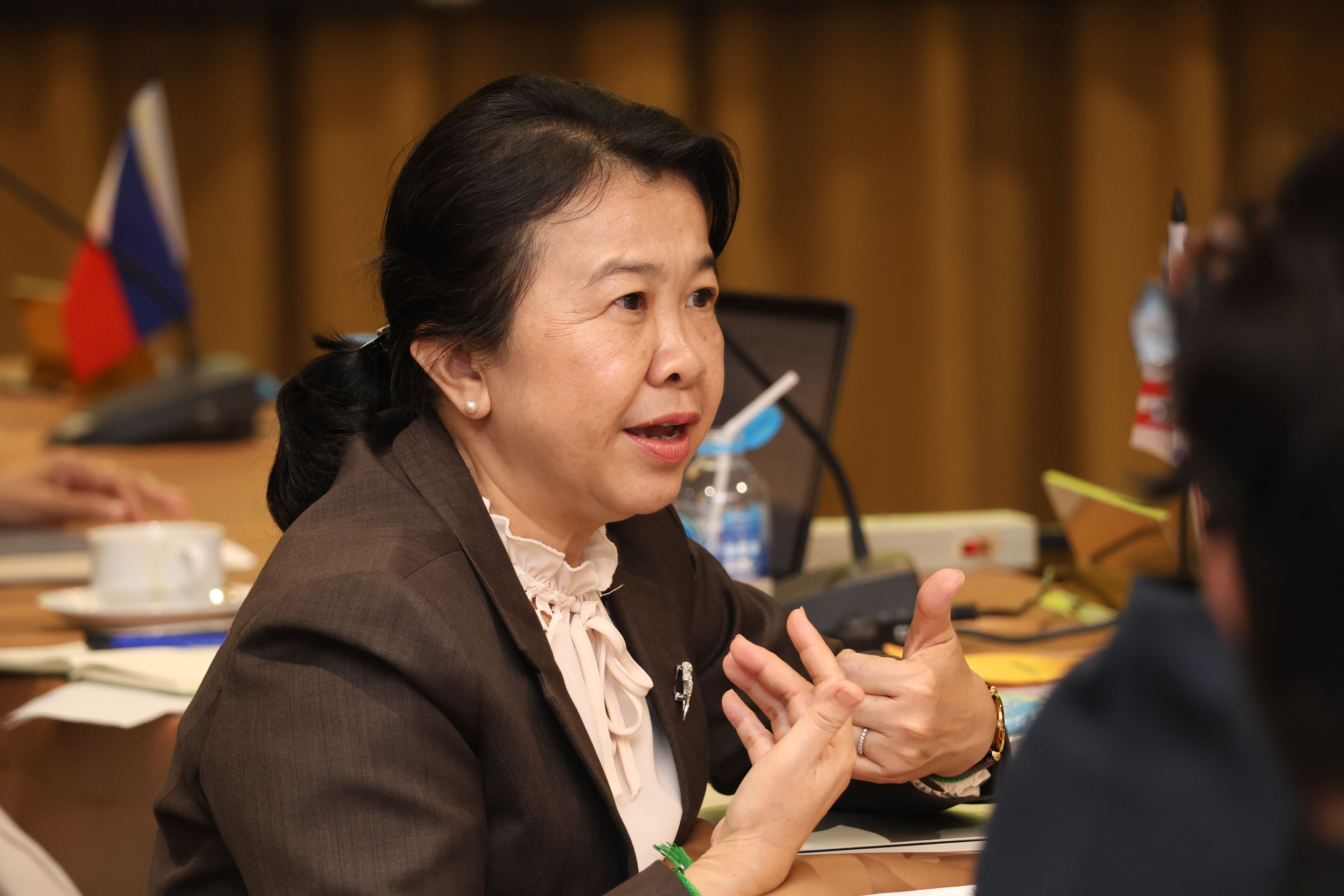 Woman in a brown blazer speaking and gesturing at a meeting table, with a small flag in the background.