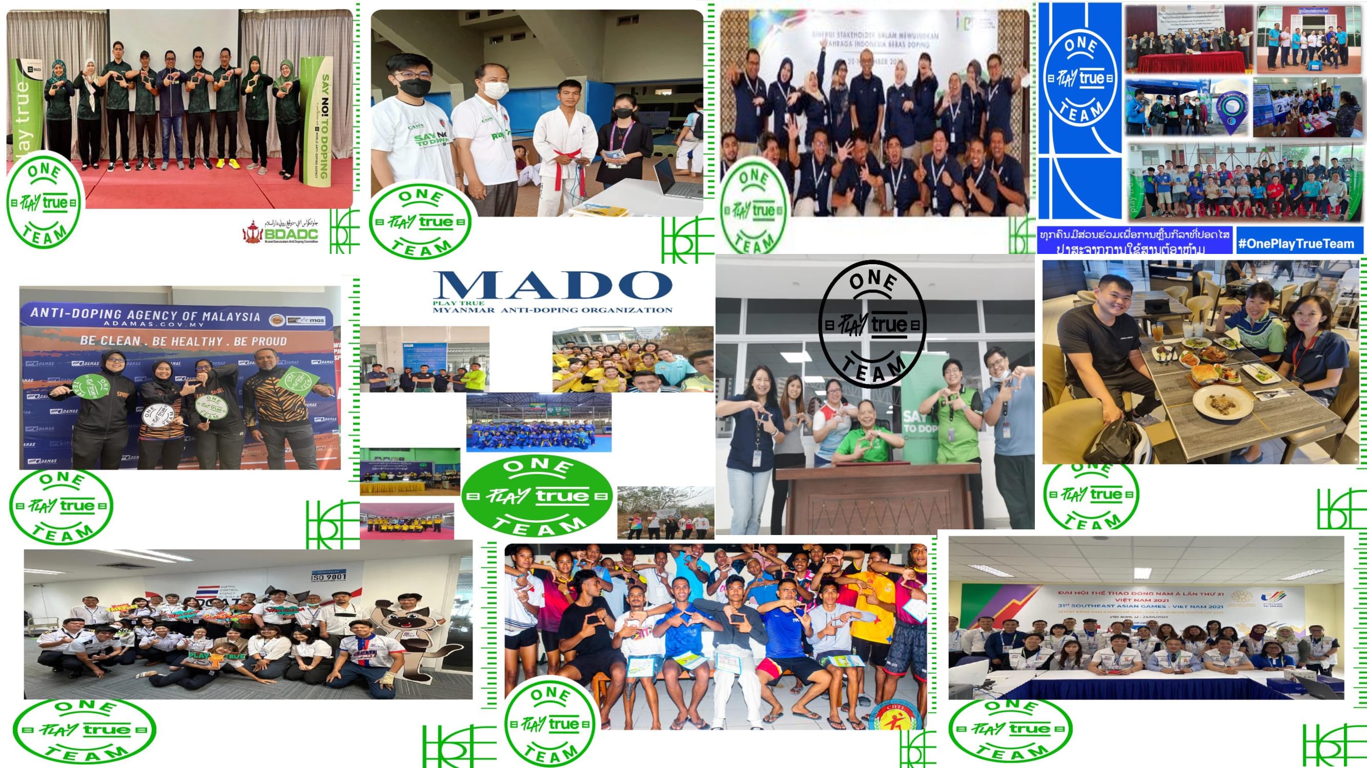 Collage of anti-doping campaign photos featuring groups posing with "One Play True Team" and "Say No to Doping" signs.