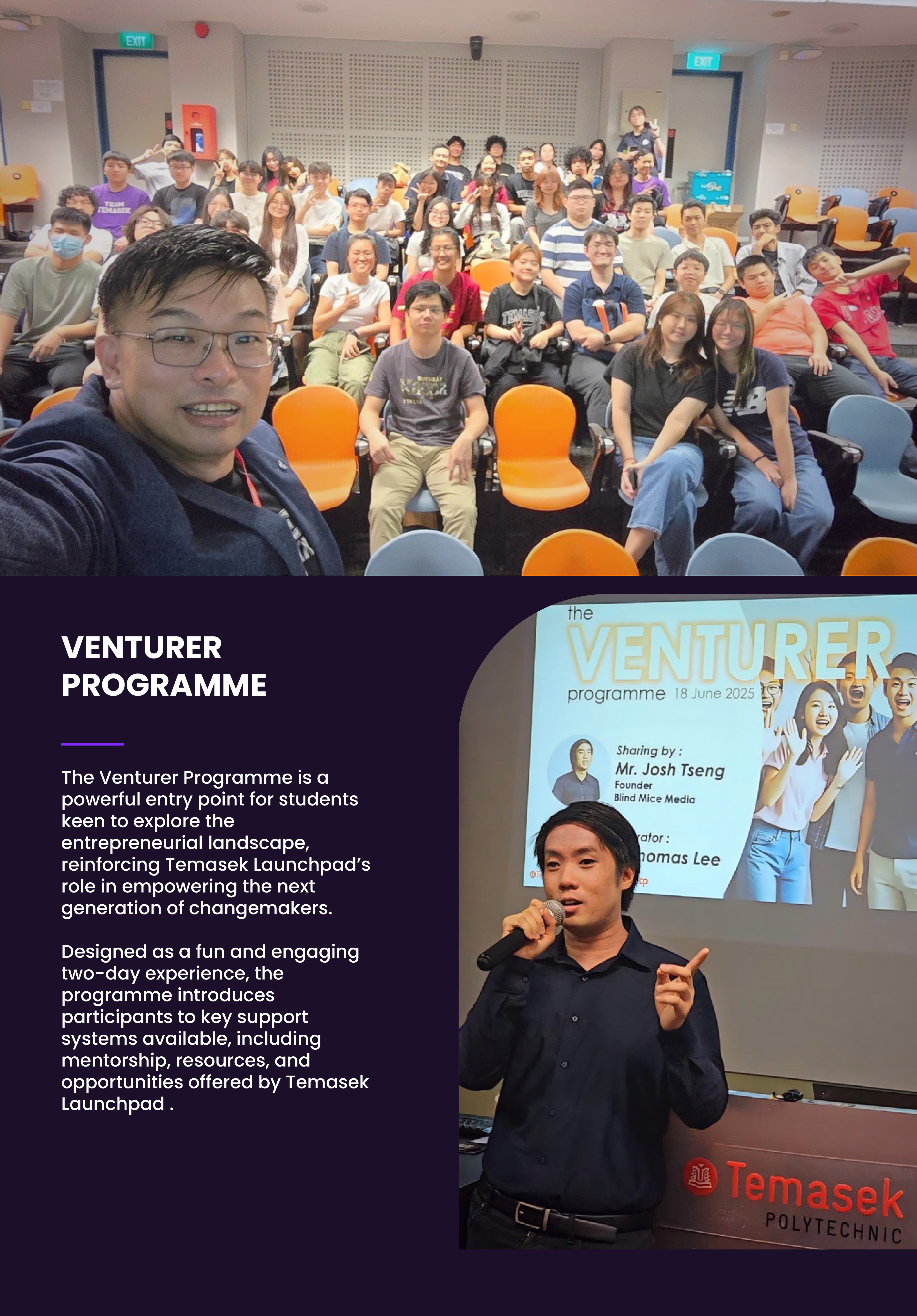 Photos of programme facilitator with students and a separate sharing session led by startup.
