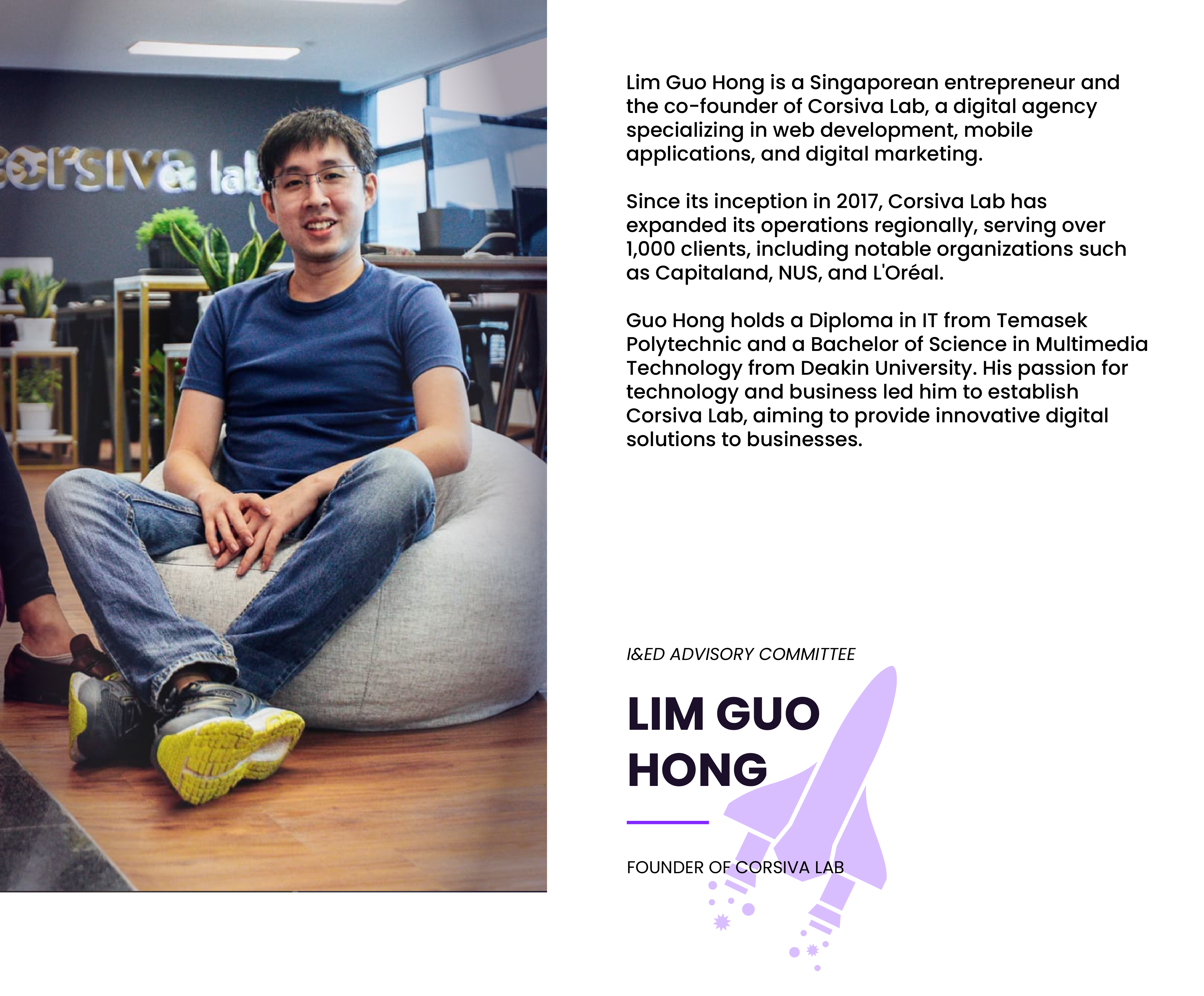 Man in blue shirt and jeans sitting on a bean bag in an office, labeled as Lim Guo Hong, Founder of Corsiva Lab.