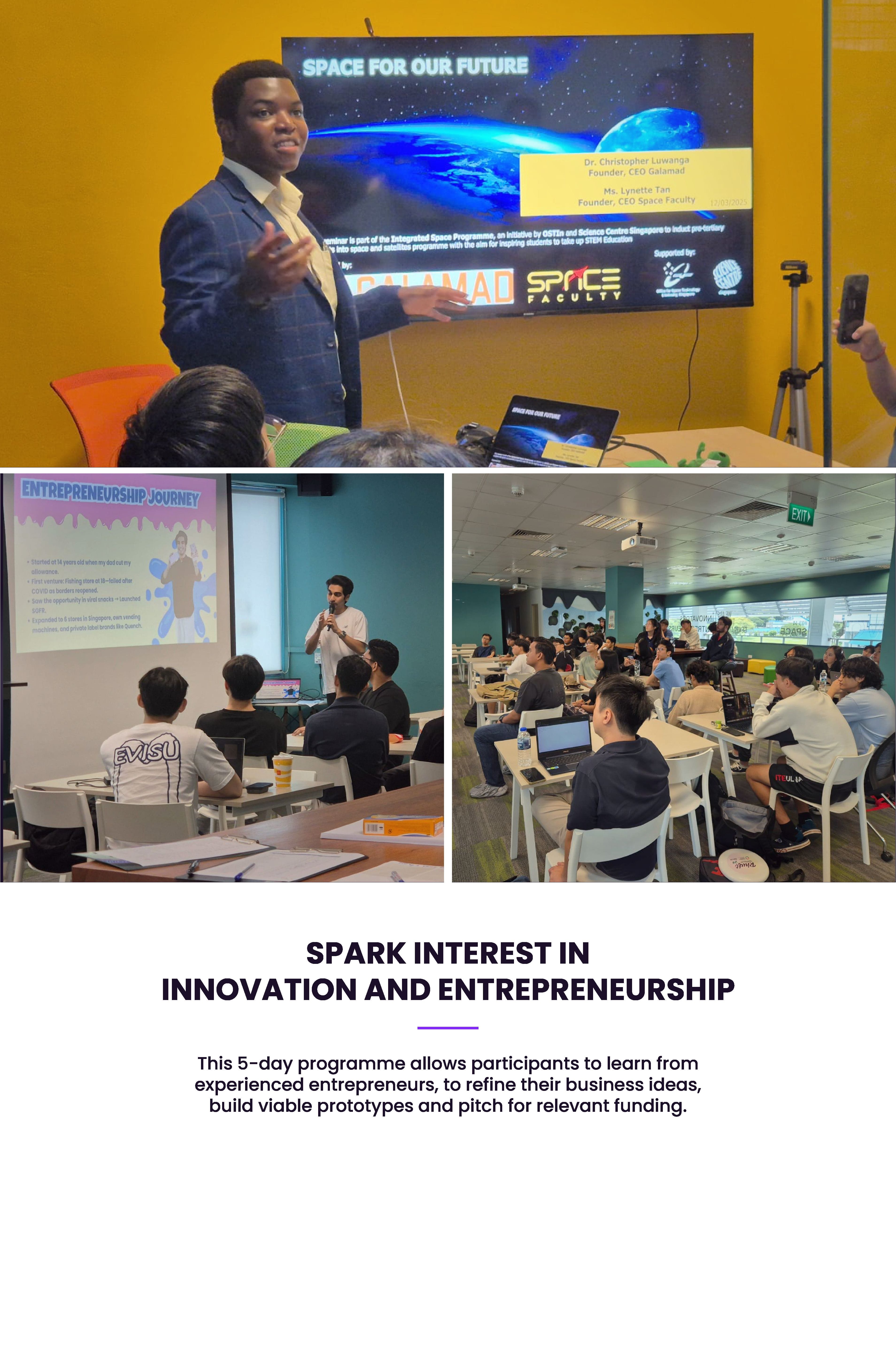 Three photos show speakers presenting to seated students at an innovation and entrepreneurship programme event.