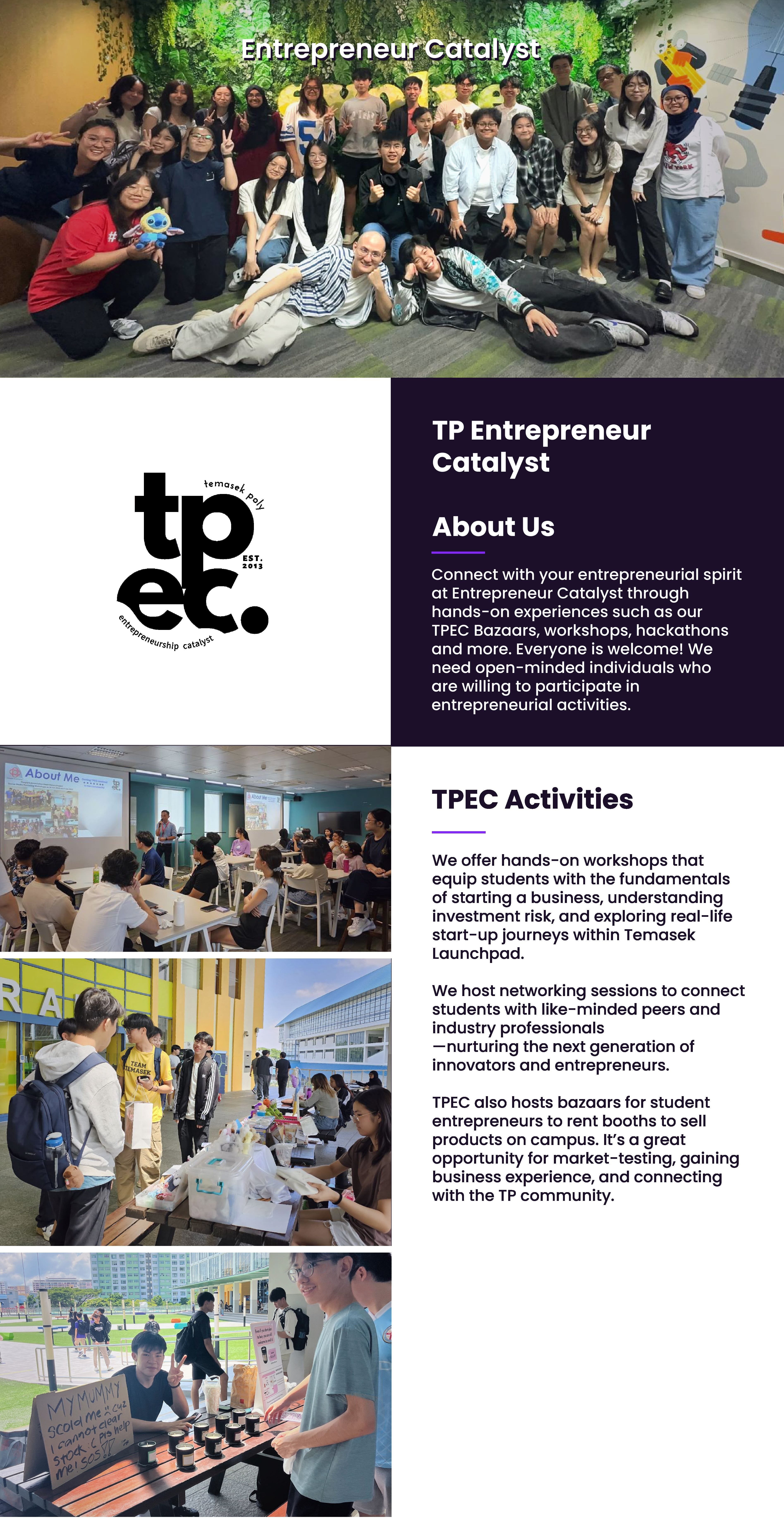 Promotional flyer for TP Entrepreneur Catalyst showing group photos, the TPEC logo, and text about activities.