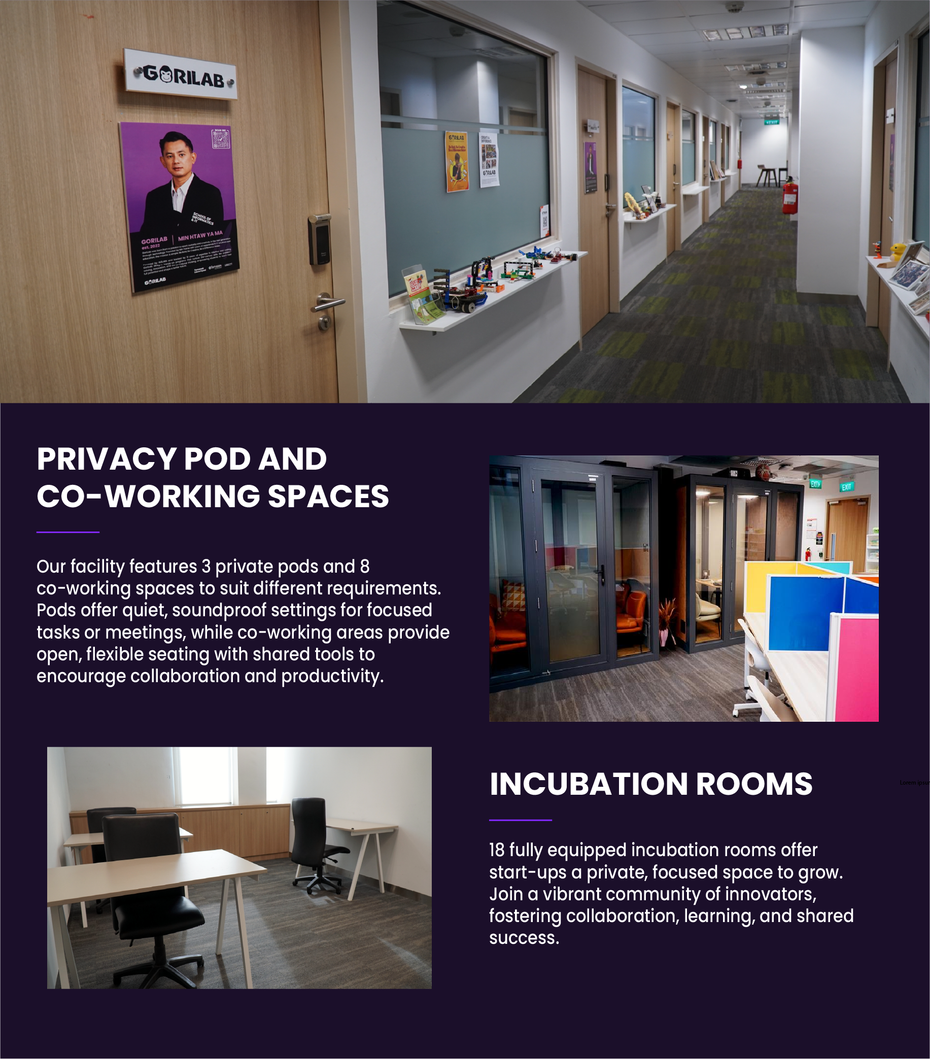 Office hallway, privacy pods with glass doors, colorful co-working desks, and a small incubation room with chairs.