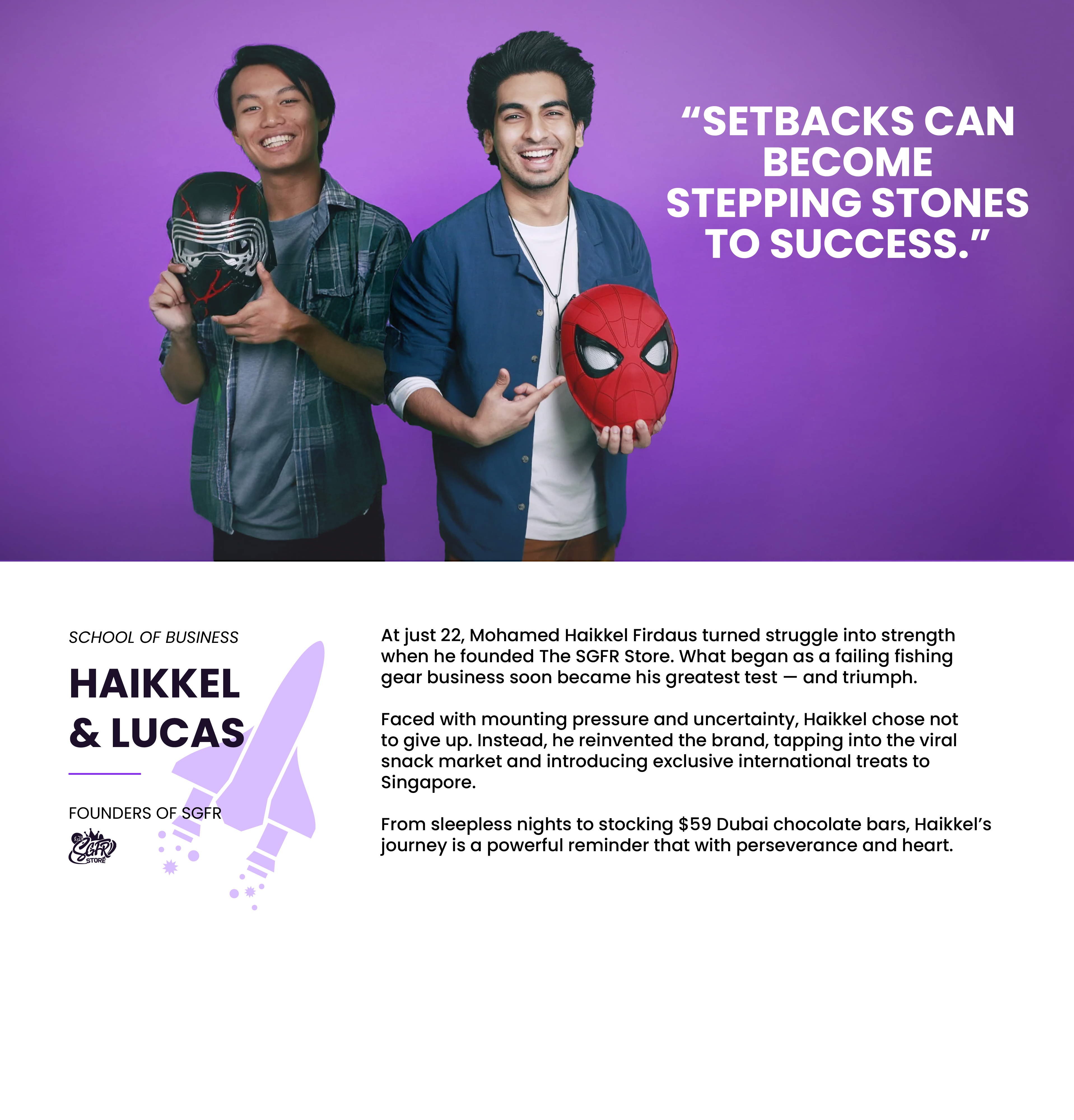Two smiling young men hold superhero masks on a purple background with a quote about setbacks becoming stepping stones.