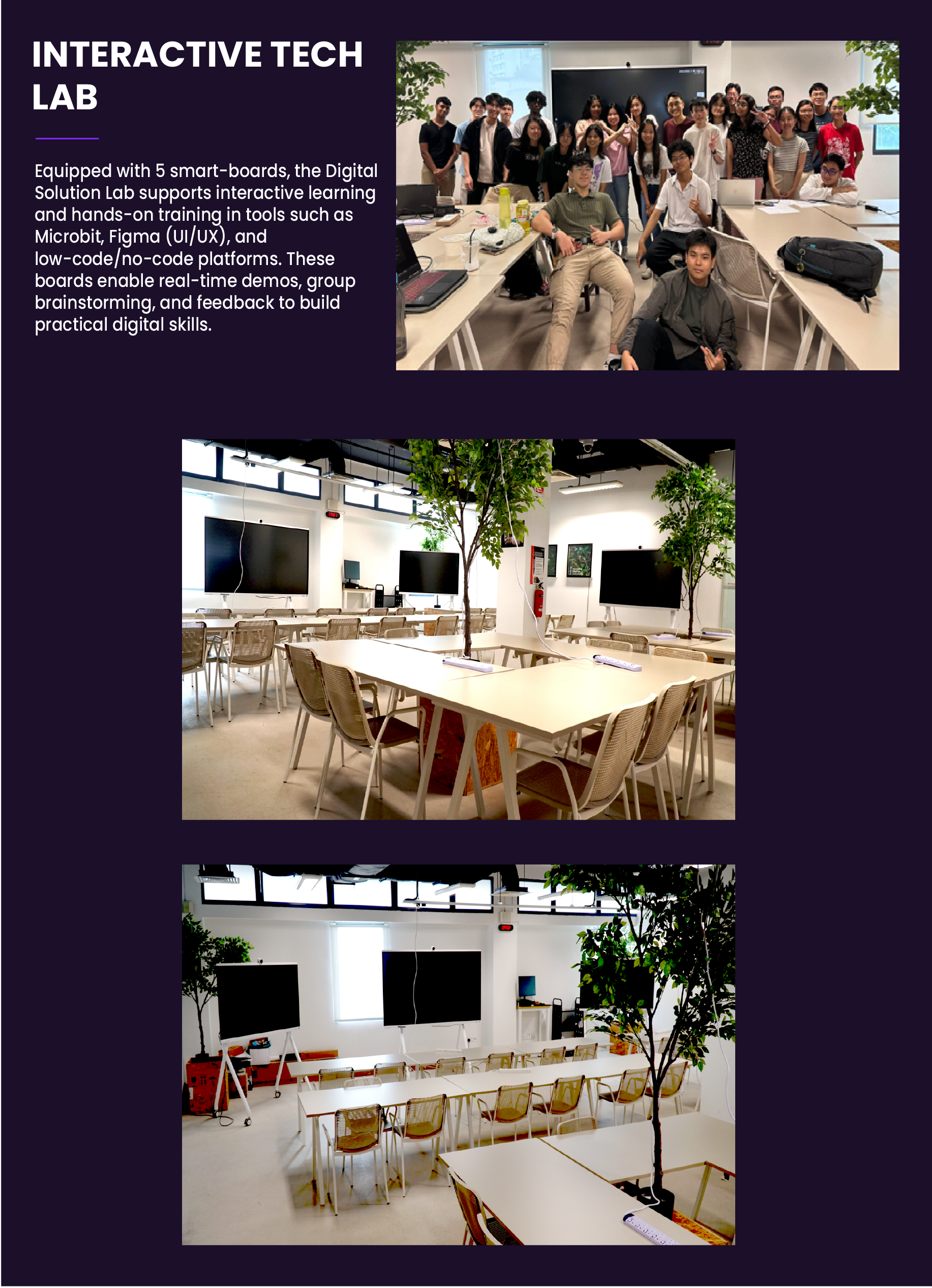 Flyer showing an Interactive Tech Lab with a group photo of students and two shots of a bright room with tables and screens.