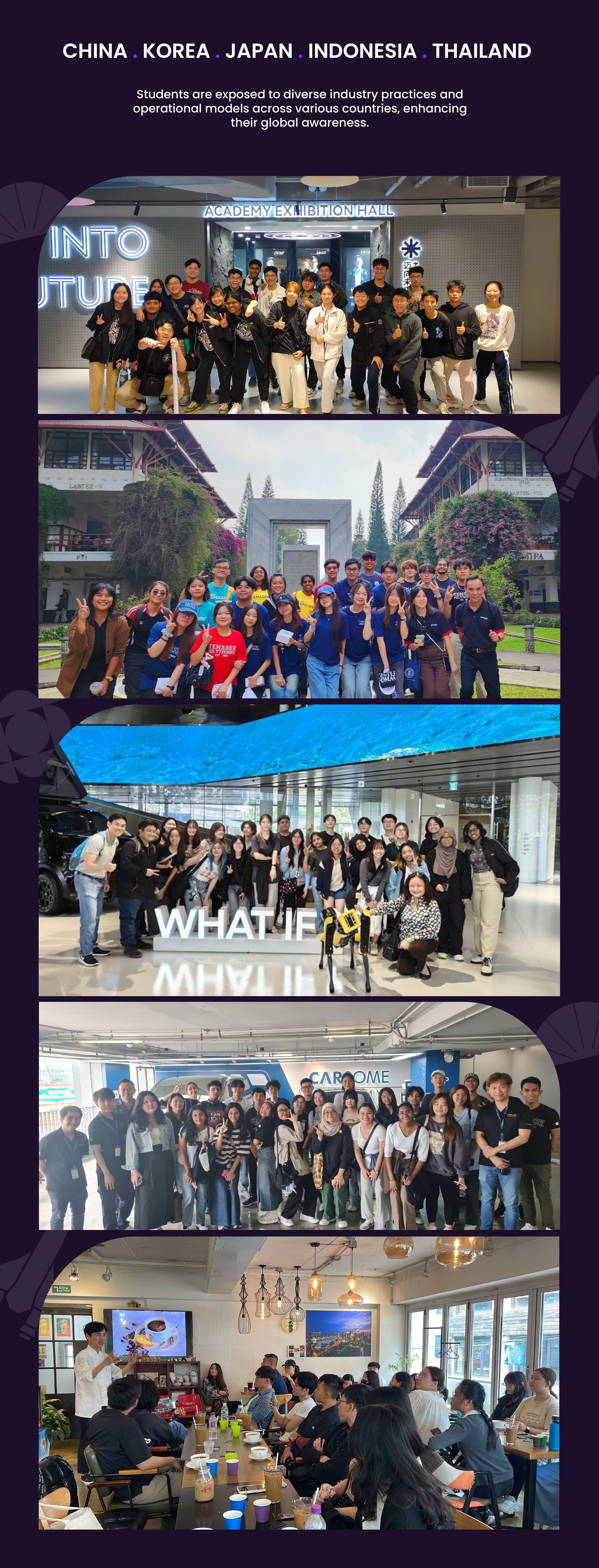 Group photos of participants during an overseas study trip.