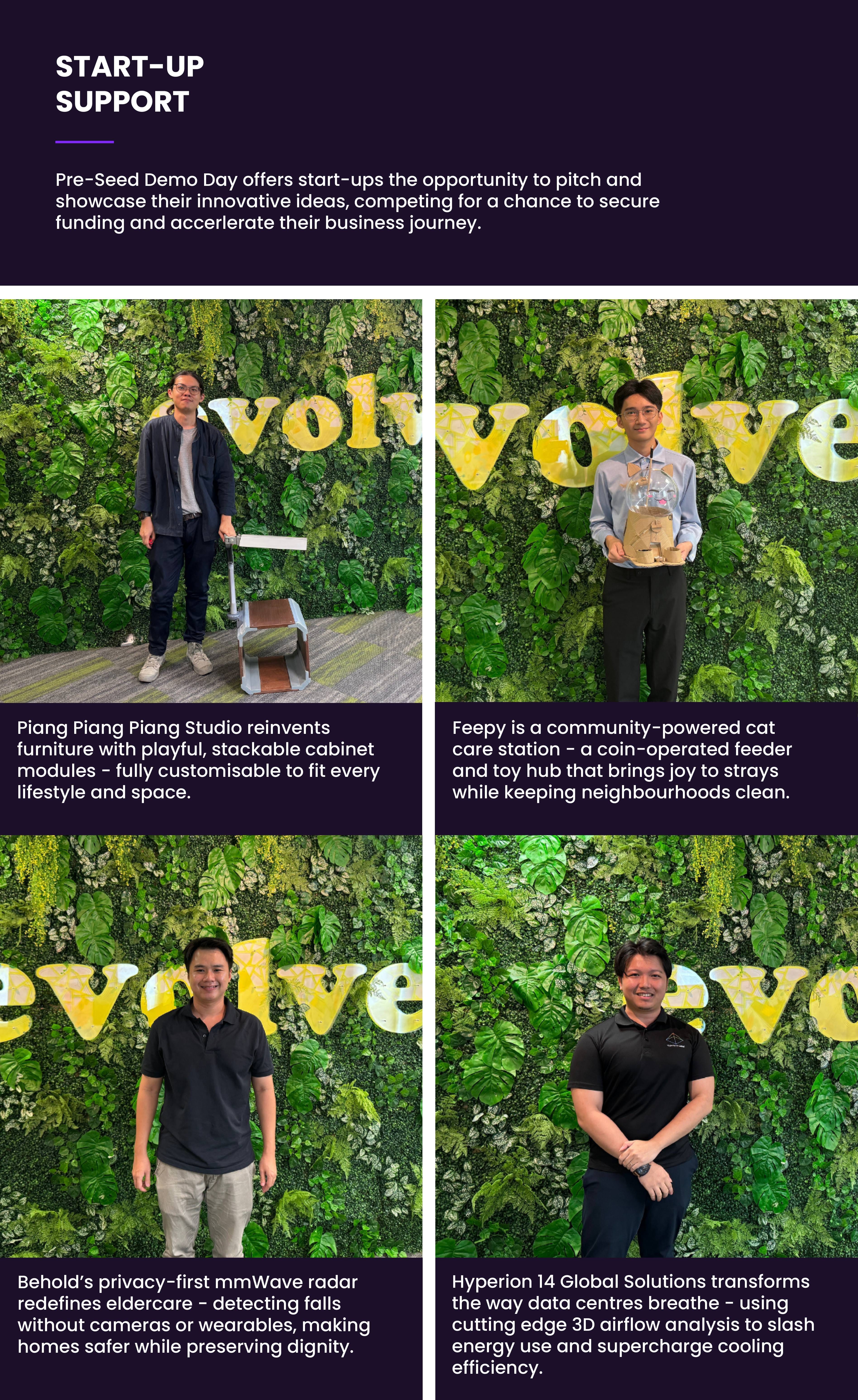 Four startup founders pose individually in front of a green plant wall with yellow "evolve" lettering, showcasing their innovations.