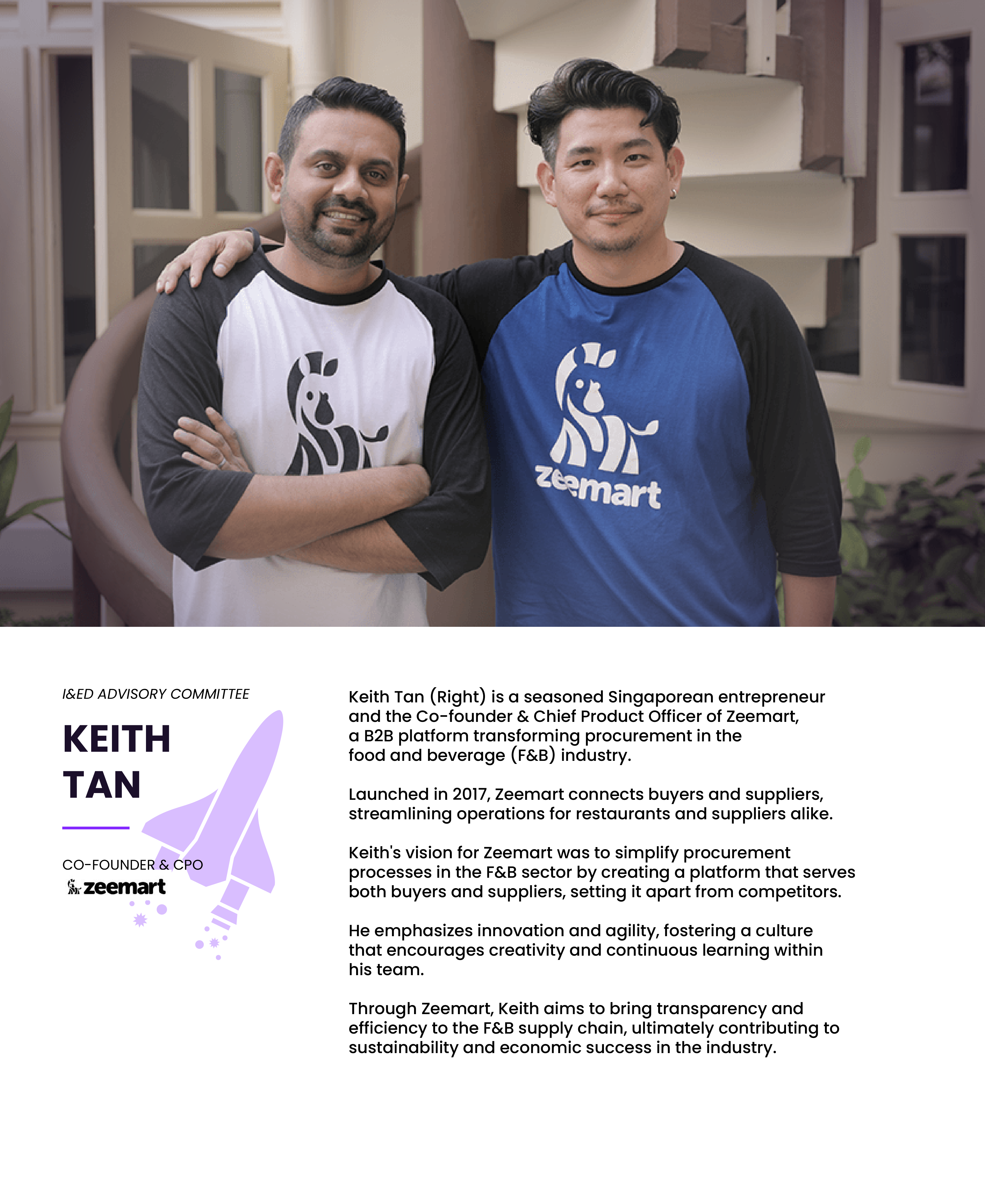 Two men wearing Zeemart branded shirts stand together smiling, with a profile of Keith Tan, Co-Founder and CPO.