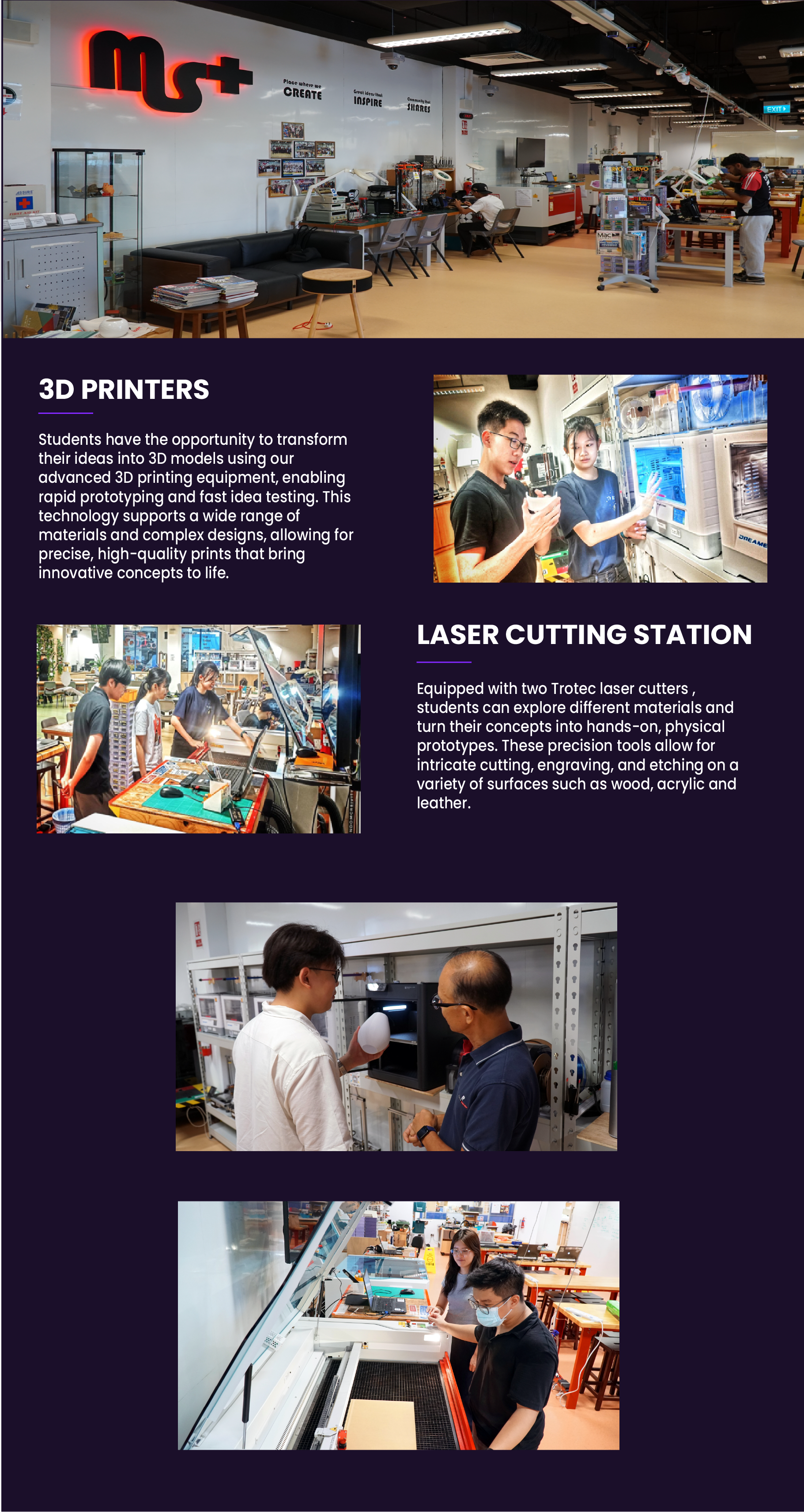 Images showing 3D printers and laser cutting machines.