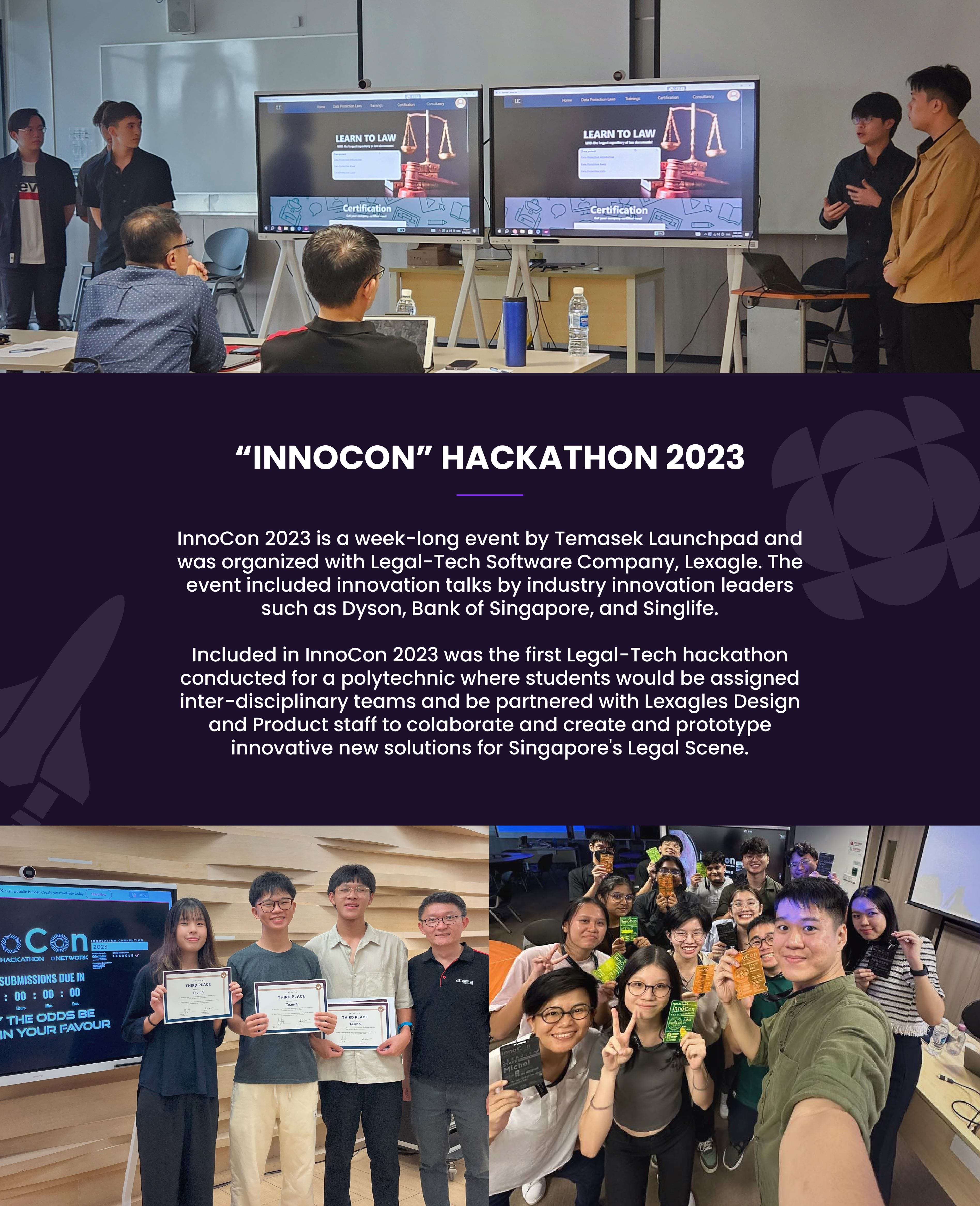 InnoCon Hackathon 2023 poster showing a presentation, third-place winners with certificates, and group selfie.