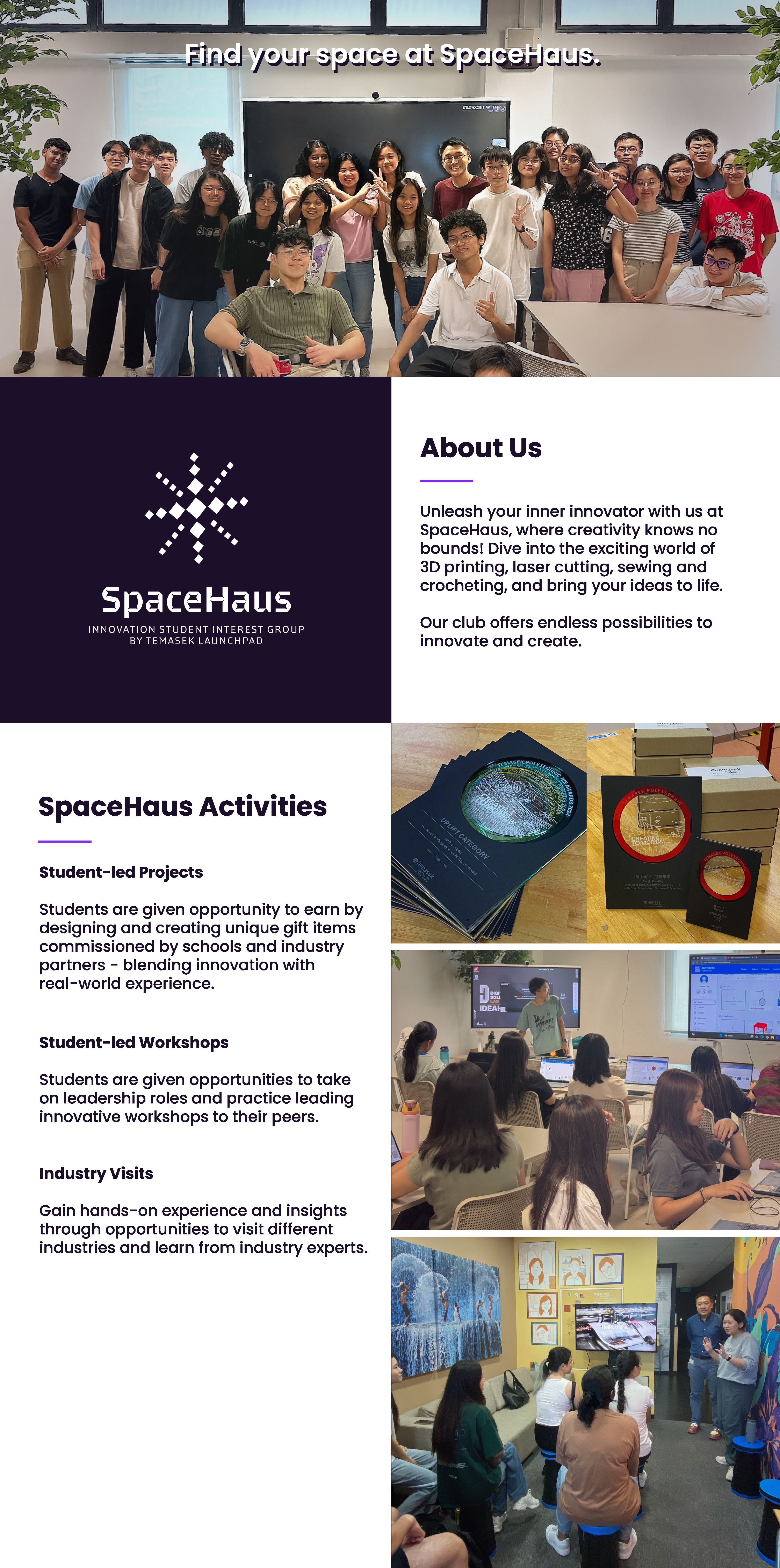 SpaceHaus student interest group flyer showing a group photo, club logo, about us text, and activity photos.