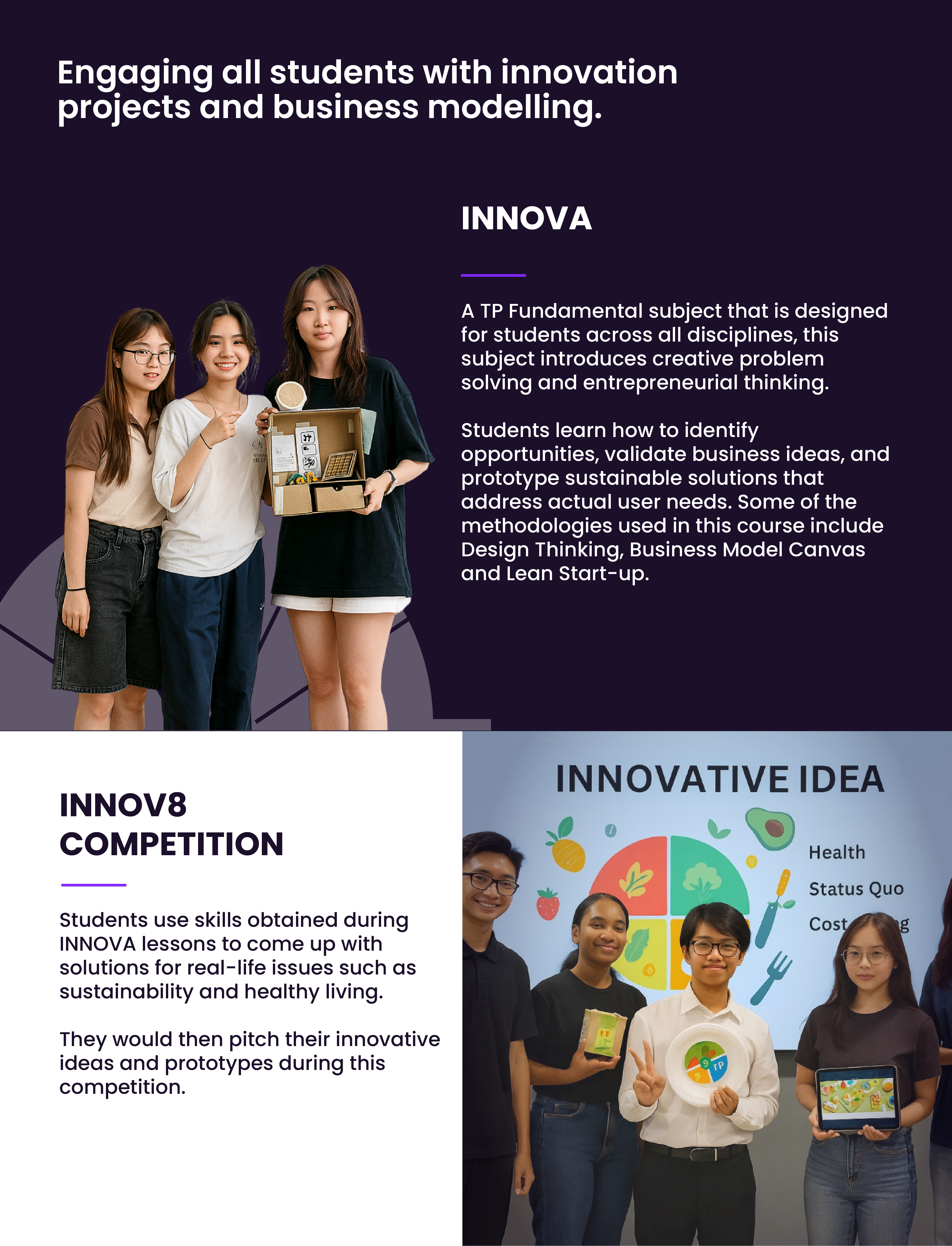 Flyer about INNOVA and INNOV8 student innovation programs, featuring photos of students with project prototypes.