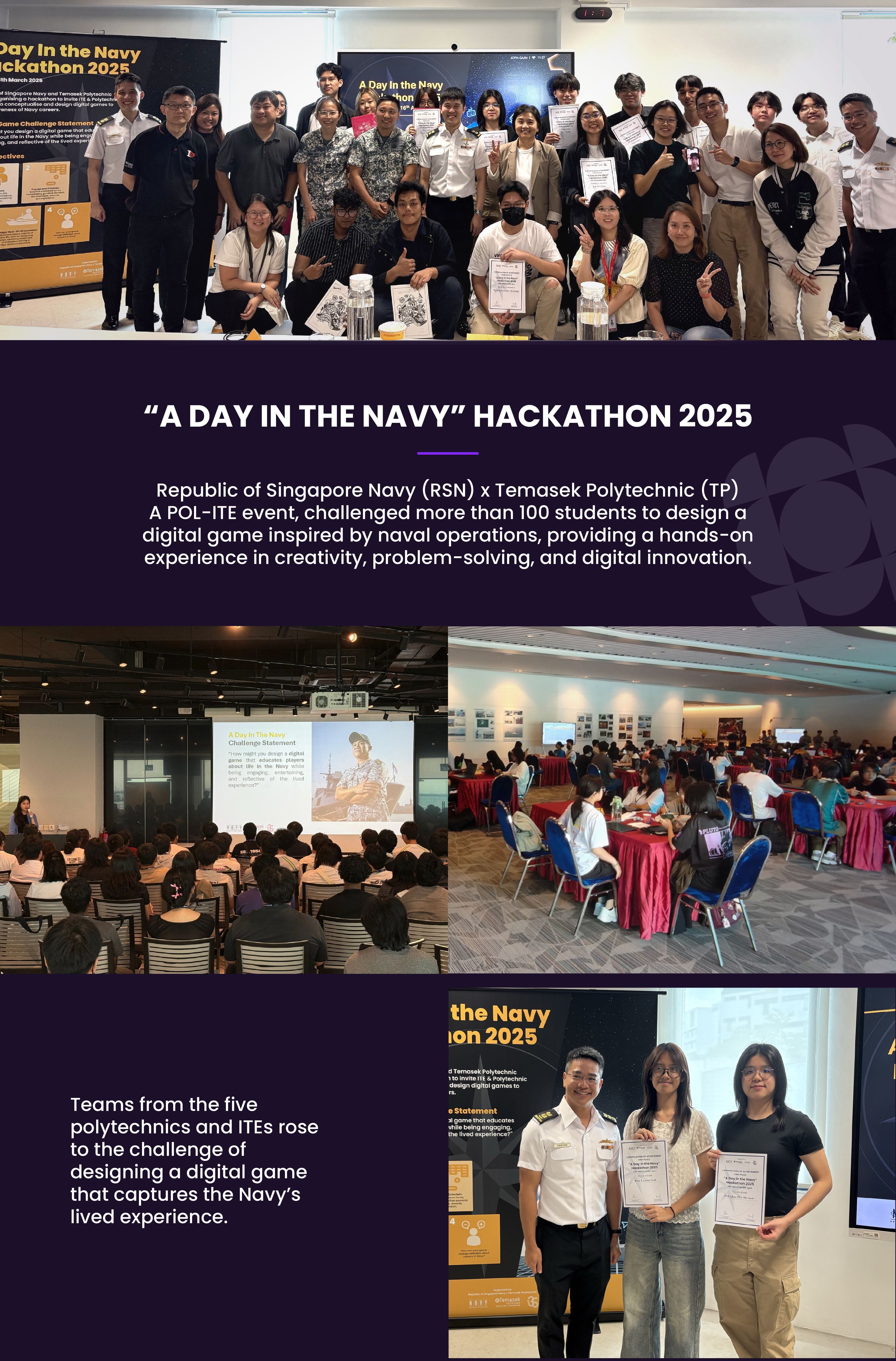 Promotional flyer for A Day in the Navy Hackathon 2025, showing group photos of students and navy officers at the event.