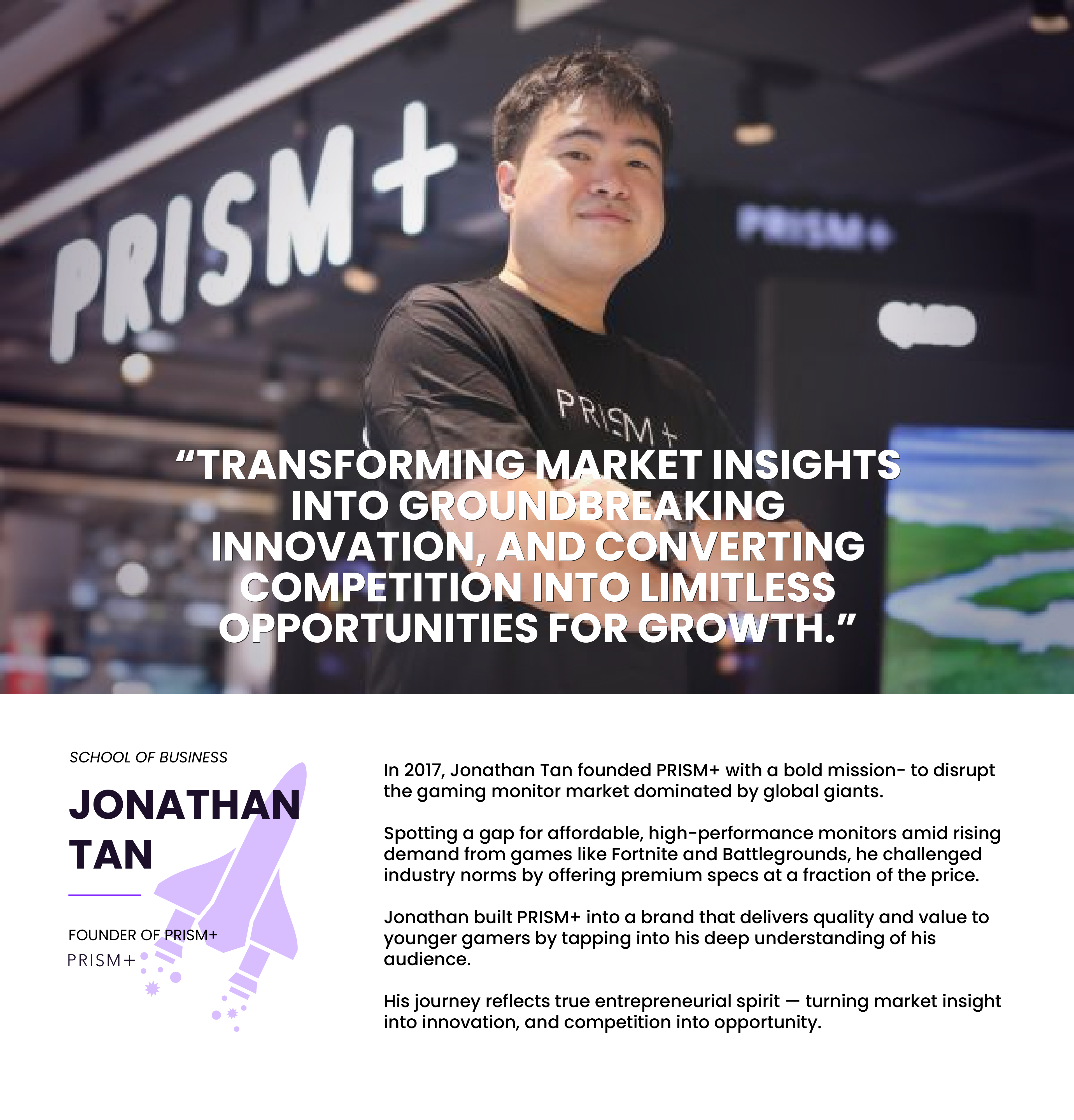 A young man in a PRISM+ shirt stands before a PRISM+ store sign, with a motivational quote and bio text below.