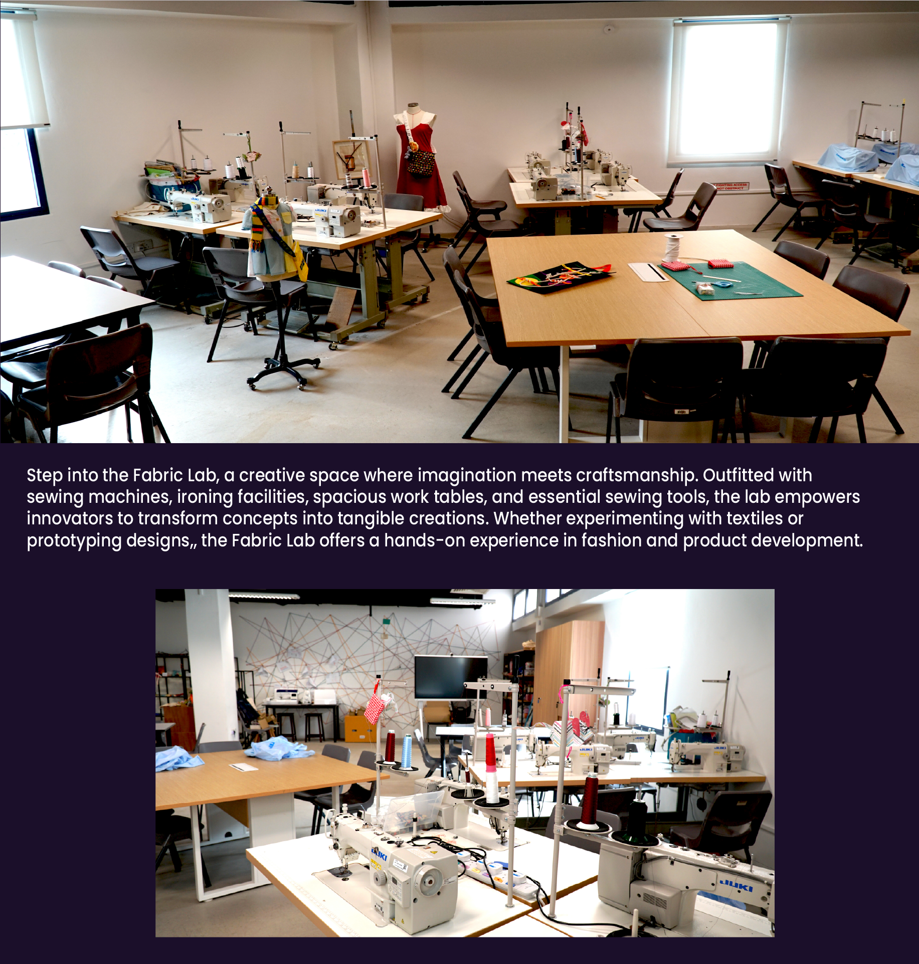A fabric lab with sewing machines on tables, a red dress mannequin, and close-up of industrial sewing machines with thread spools.