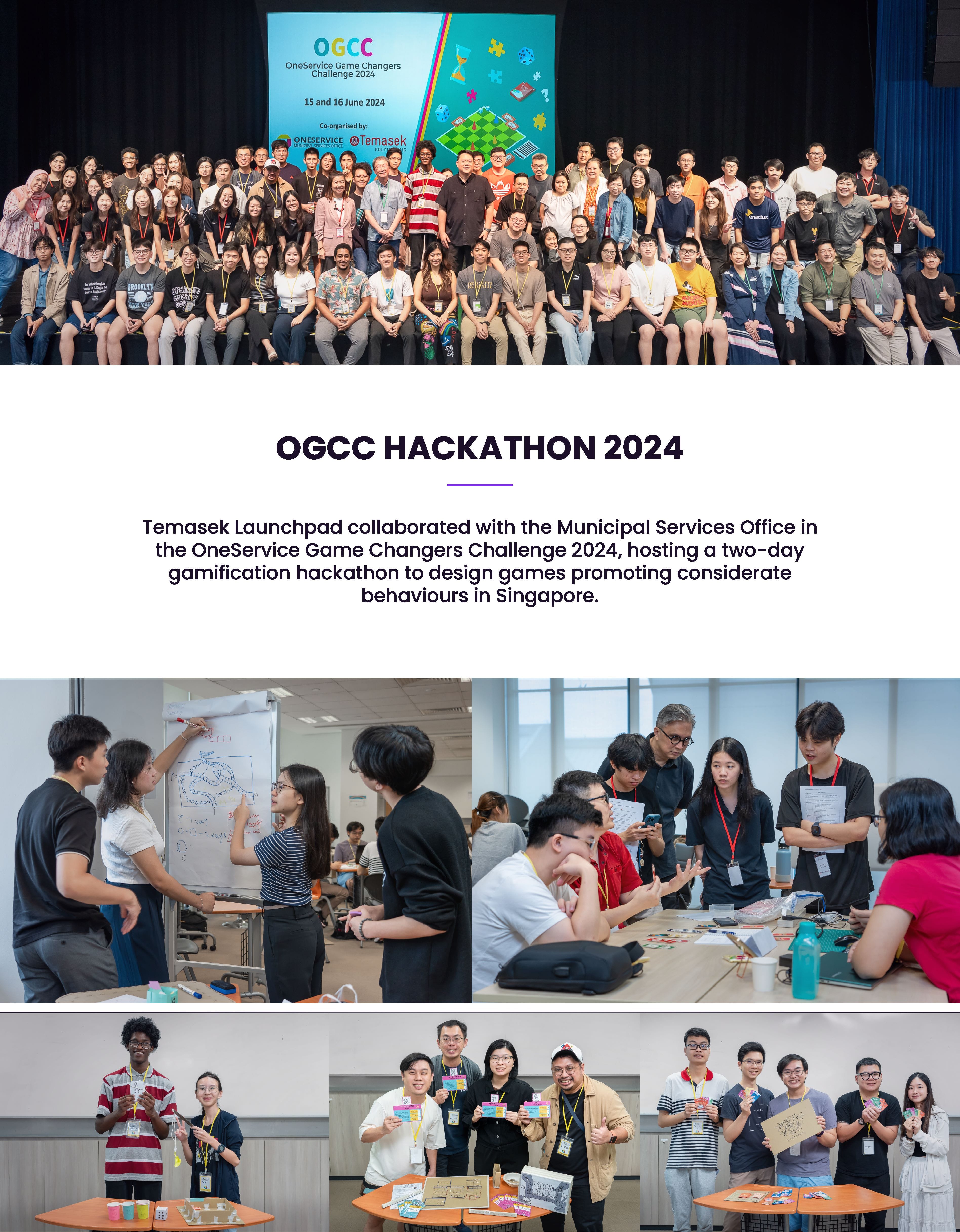 Large group photo and activity shots from the OGCC Hackathon 2024 event held on 15-16 June 2024.