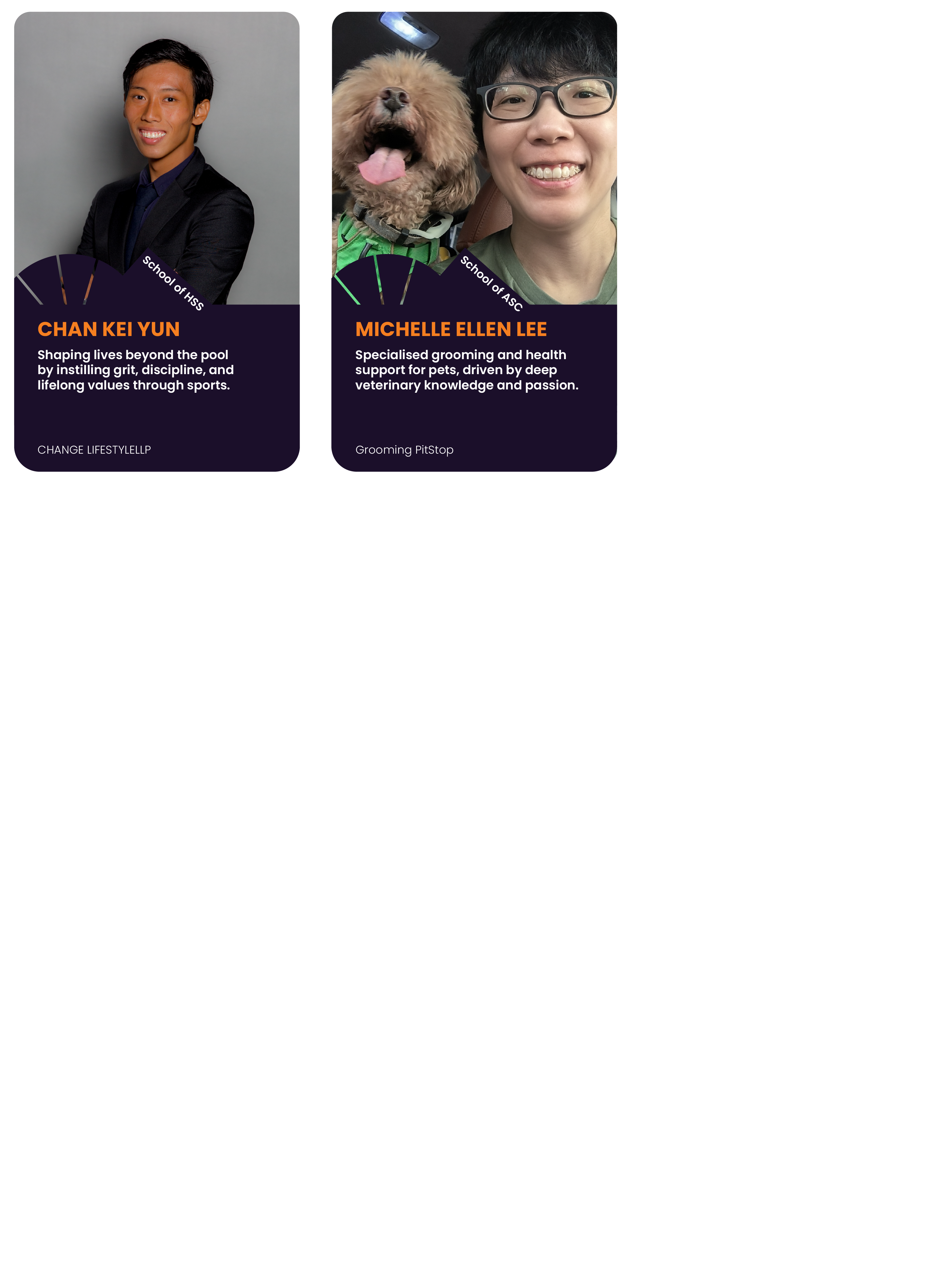 Two profile cards: Chan Kei Yun in a suit and Michelle Ellen Lee smiling with a fluffy brown dog.