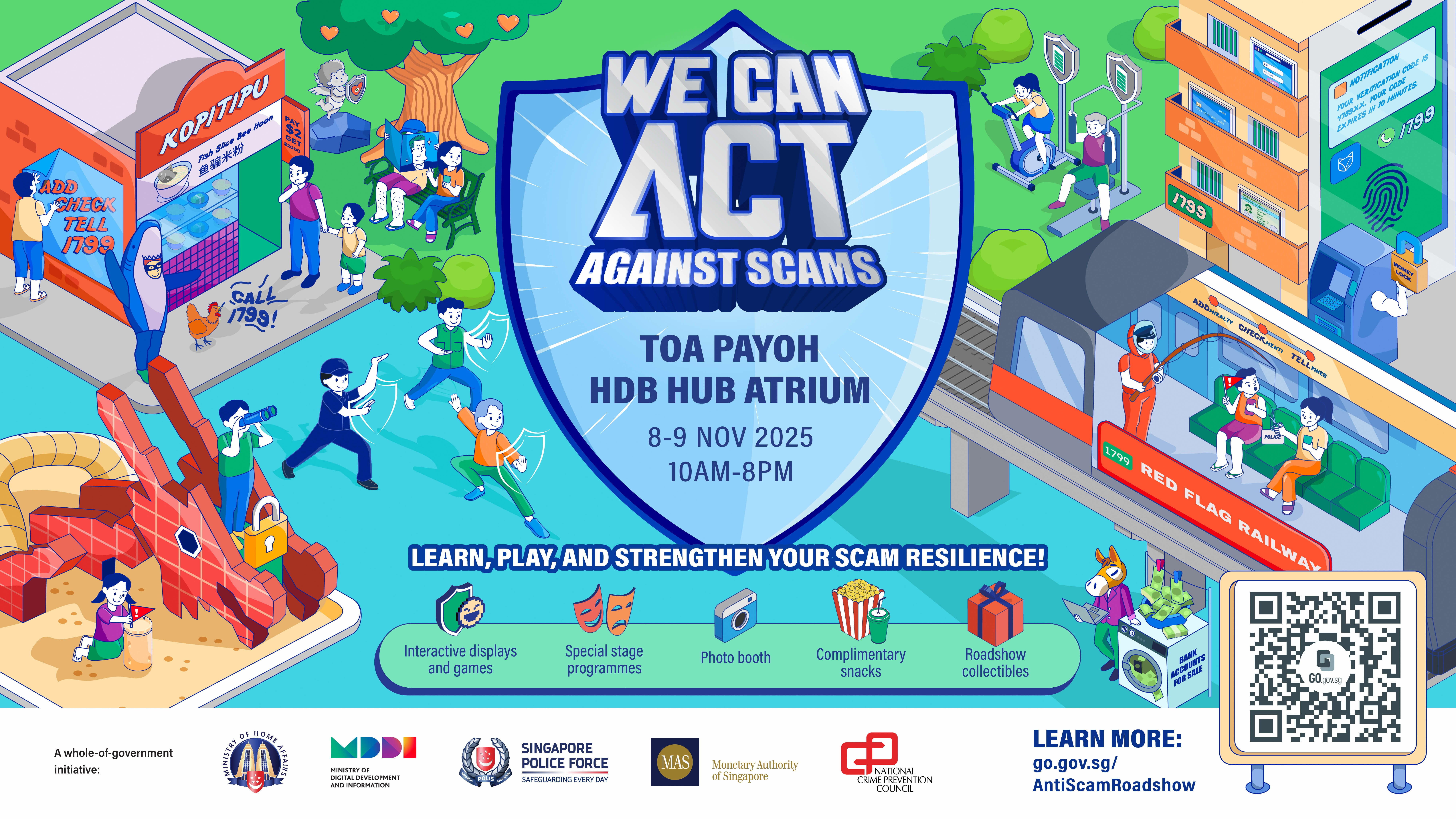 Colorful event poster for We Can ACT Against Scams roadshow at Toa Payoh HDB Hub, 8-9 Nov 2025.