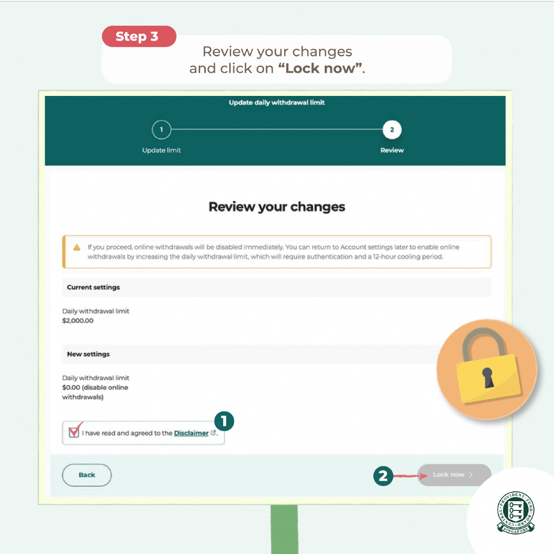 Review screen showing confirmation steps to lock the daily withdrawal limit setting online
