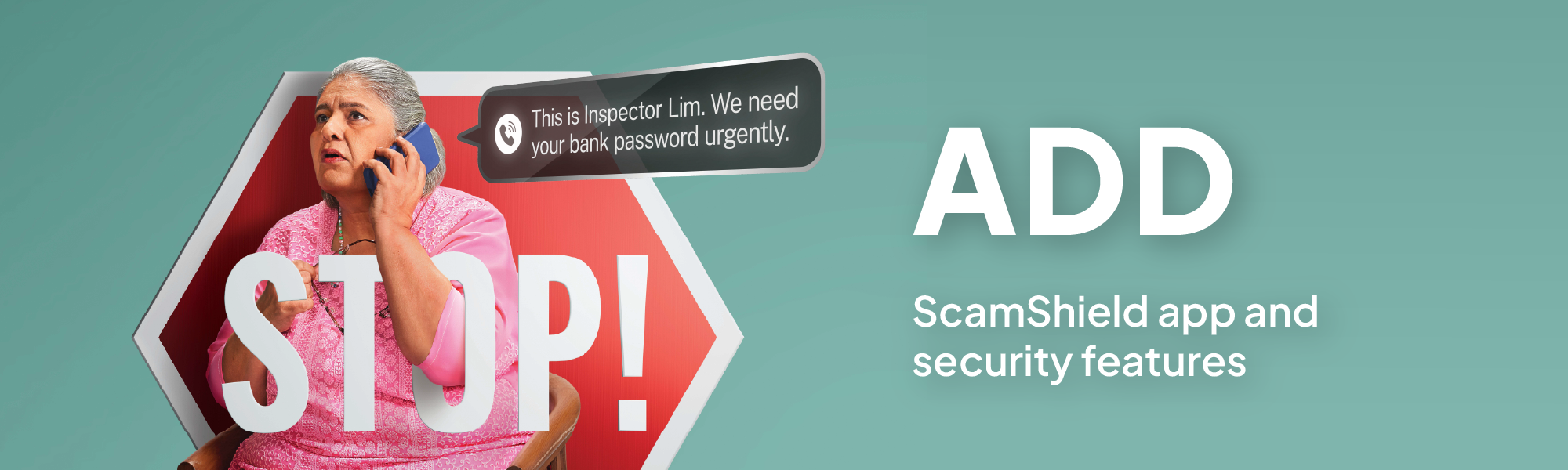 Elderly woman on phone with scam call bubble, STOP sign, and text promoting ScamShield app security features.