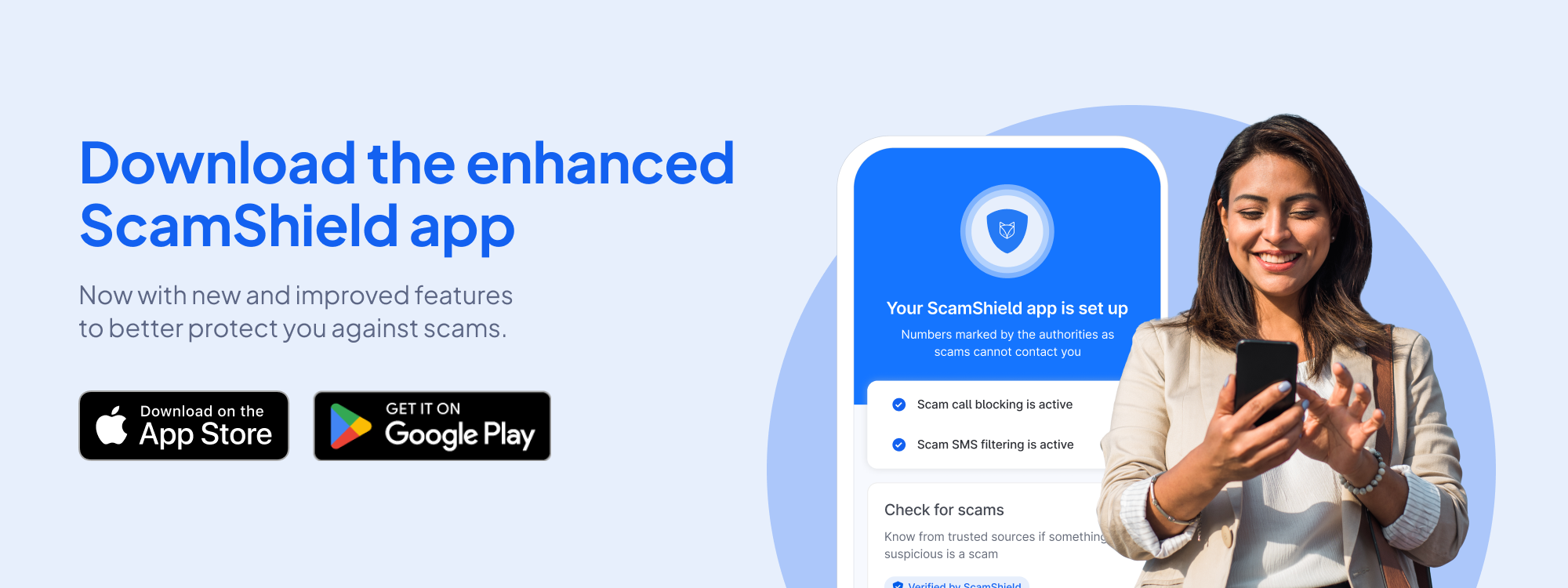 Woman smiling at phone beside ScamShield app screen, with App Store and Google Play download buttons on the left.