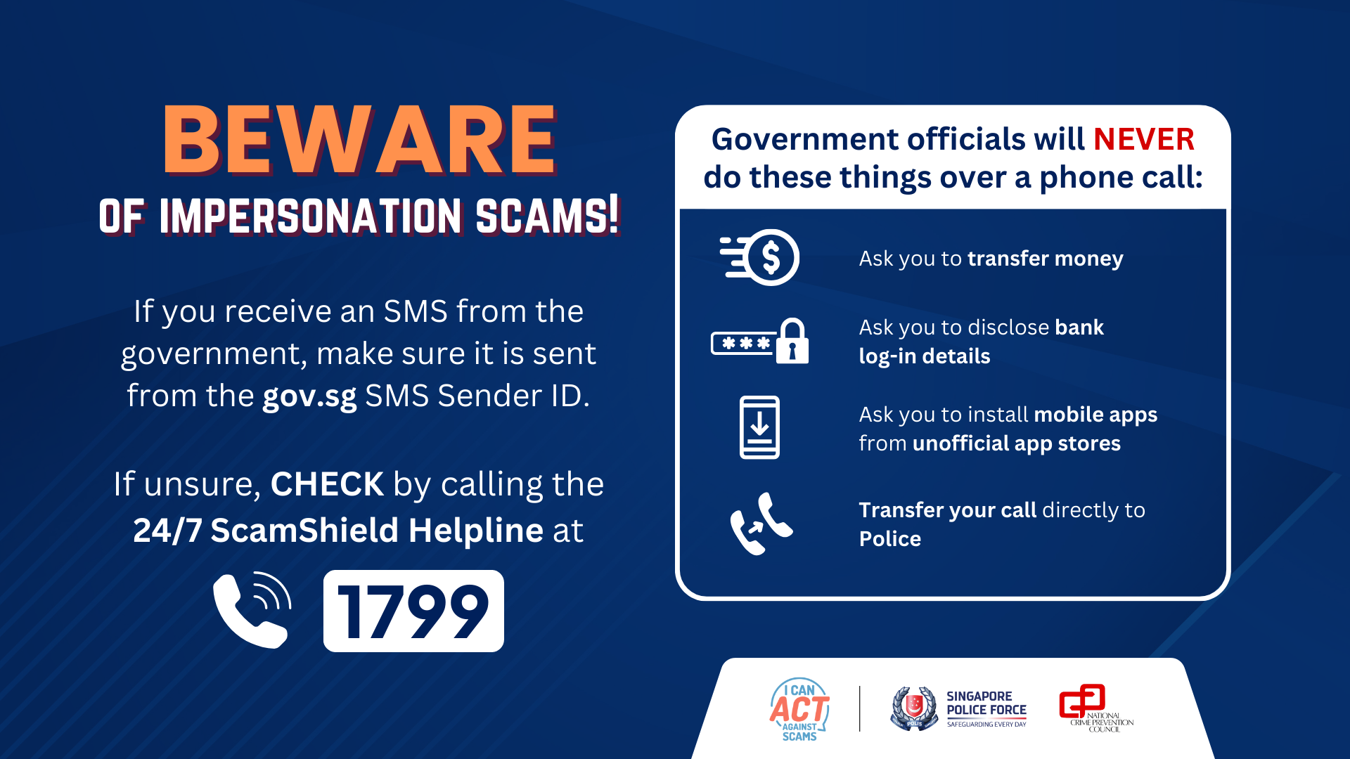 Singapore government anti-scam warning poster listing four things officials will never do by phone, with helpline 1799.