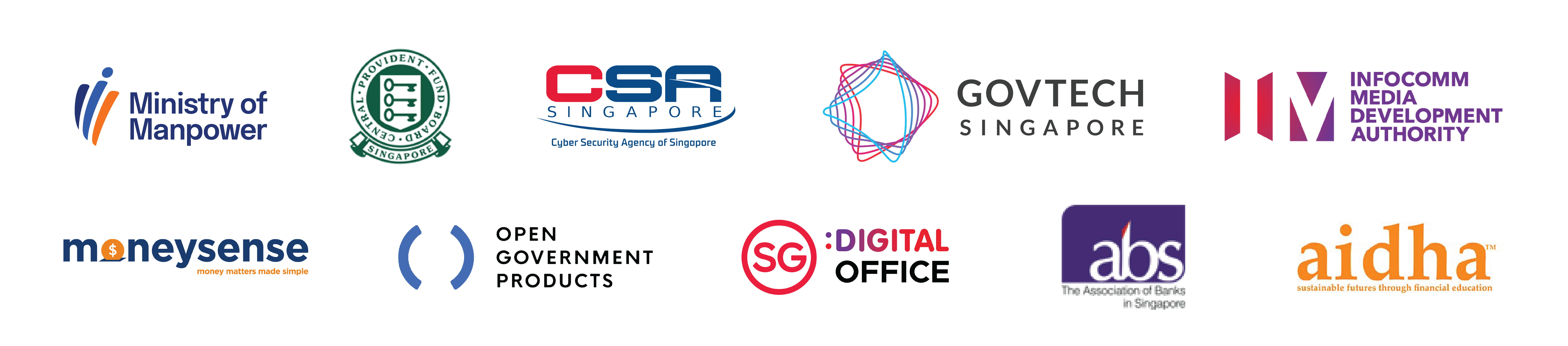 Ten Singapore government and financial organization logos including Ministry of Manpower, GovTech, CSA, and Aidha.