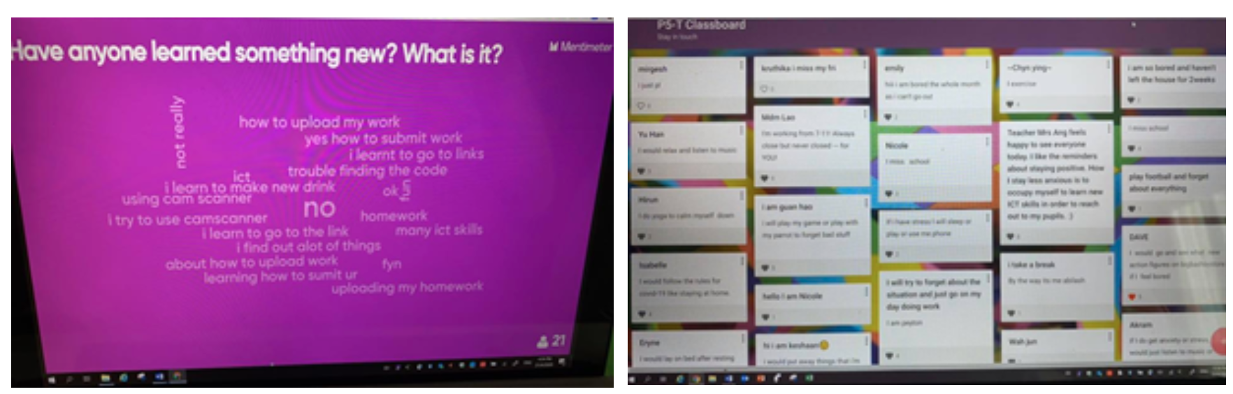 Two screens showing a Mentimeter word cloud about learning and a Padlet board with student responses.