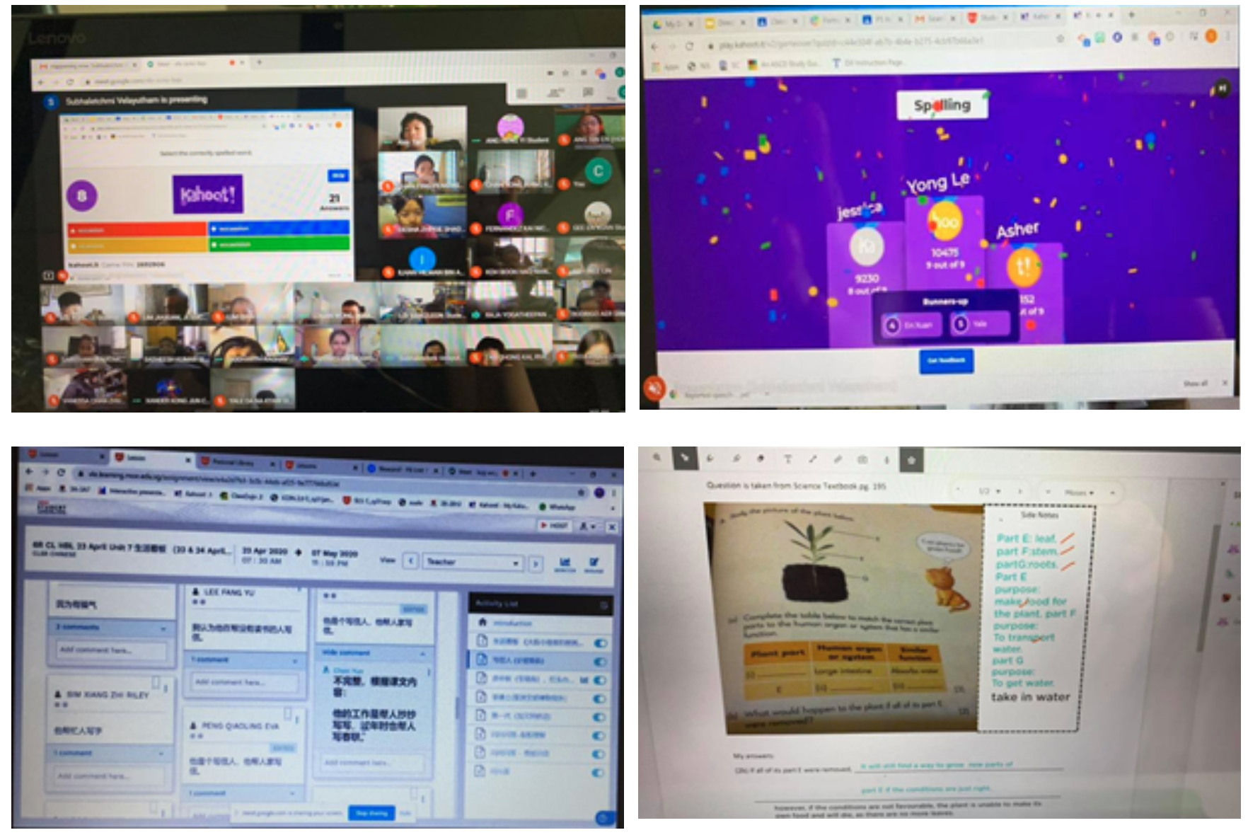 Four screenshots showing online learning: Kahoot quiz on video call, spelling game leaderboard, Chinese lesson, and science worksheet.