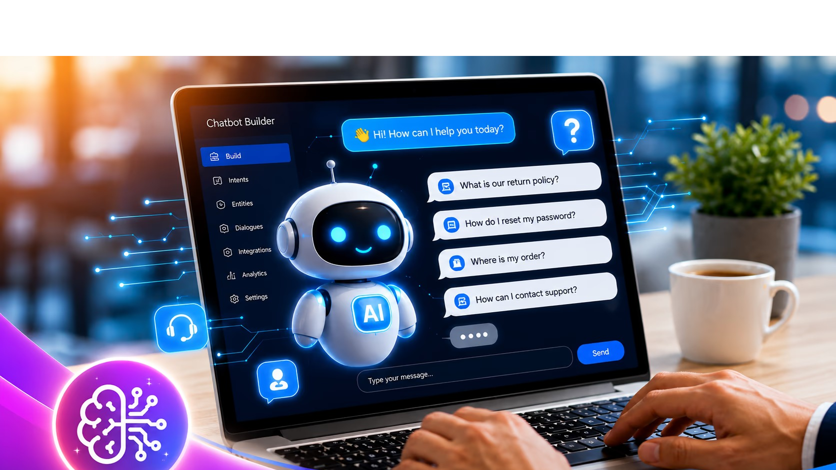 Person using a laptop to build and manage an AI chatbot, with a chatbot builder interface showing conversation flows, intents, integrations, and customer support queries.